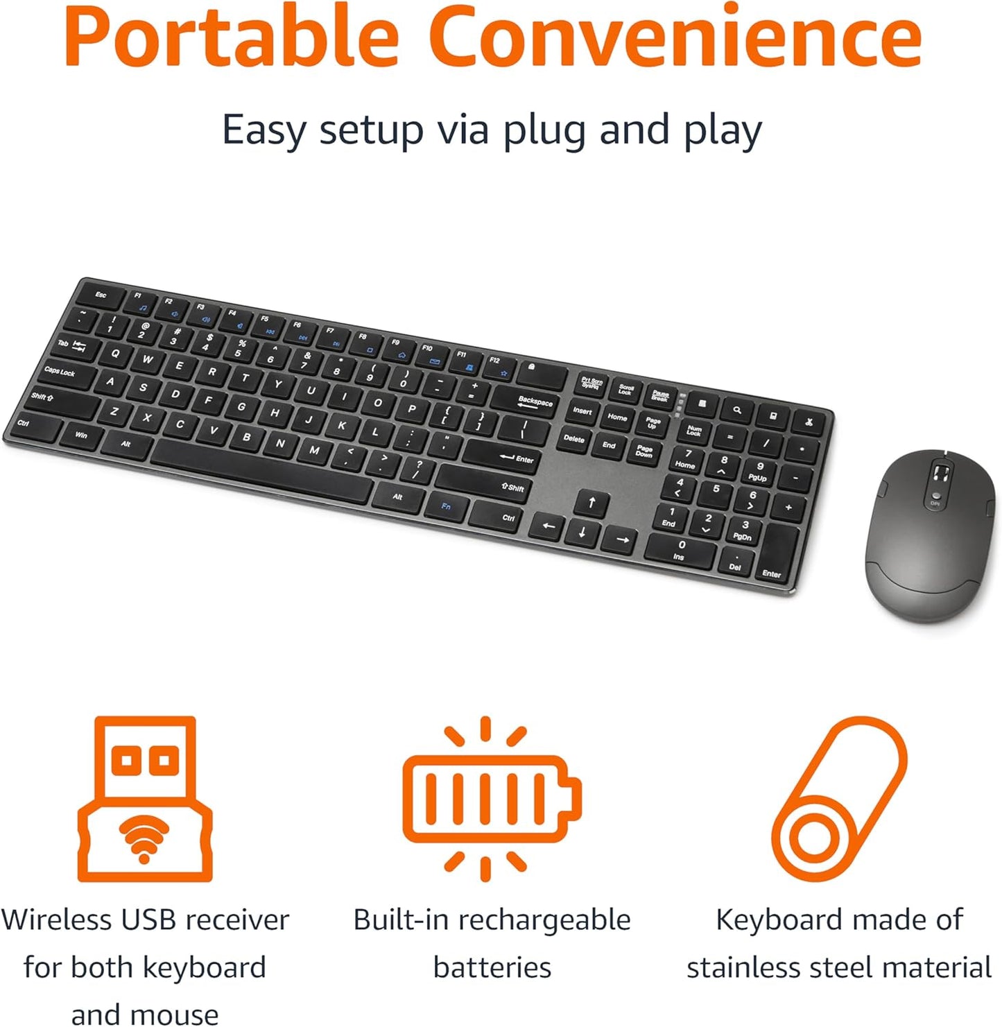 Amazon Basics Ultra Premium Wireless Keyboard and Mouse Combo - Rechargeable, Ultra Slim Design, Quiet, Full Size, Number Pad, Unifying Receiver, Black
