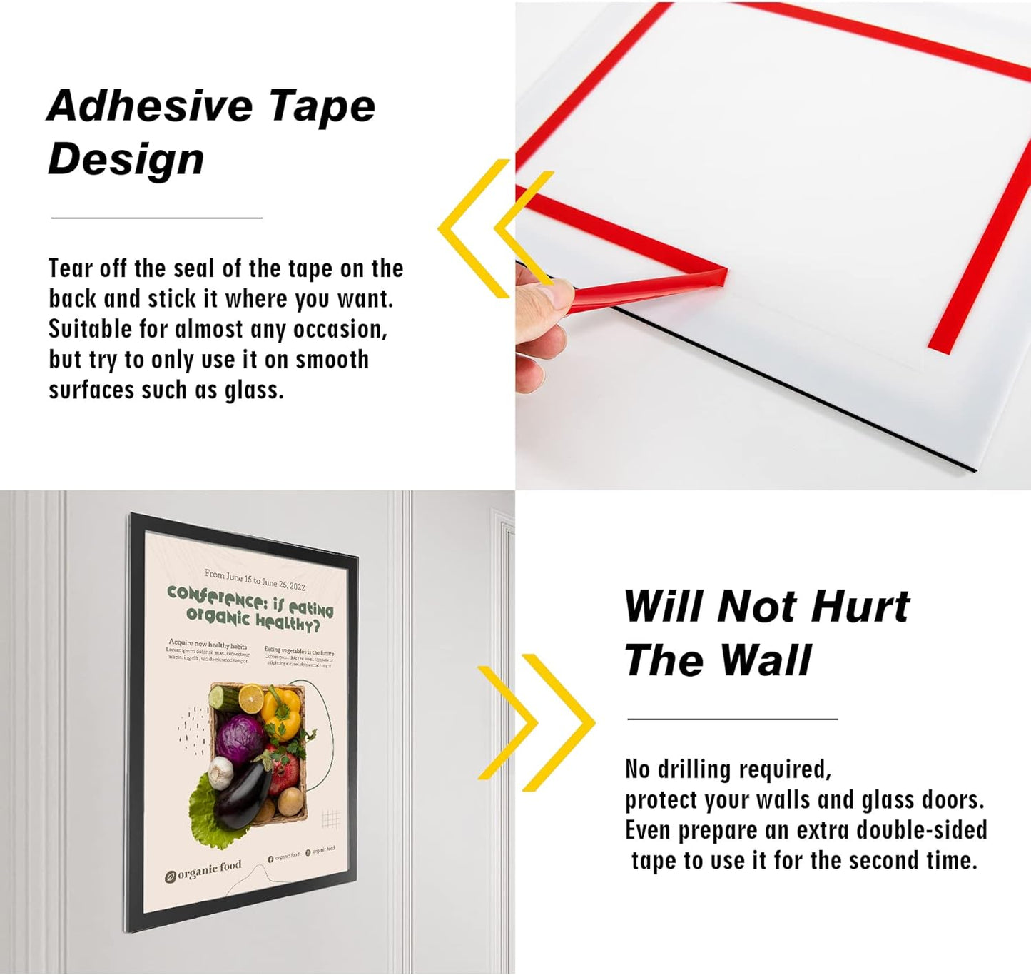 Acrylic Magnetic Sign Holder, Easy-Opening 8.5 x 11 Wall Mount Display Frames, Self Adhesive Back Plastic Clear Document Frame, Horizontal & Vertical Display (Black, 3Pack)