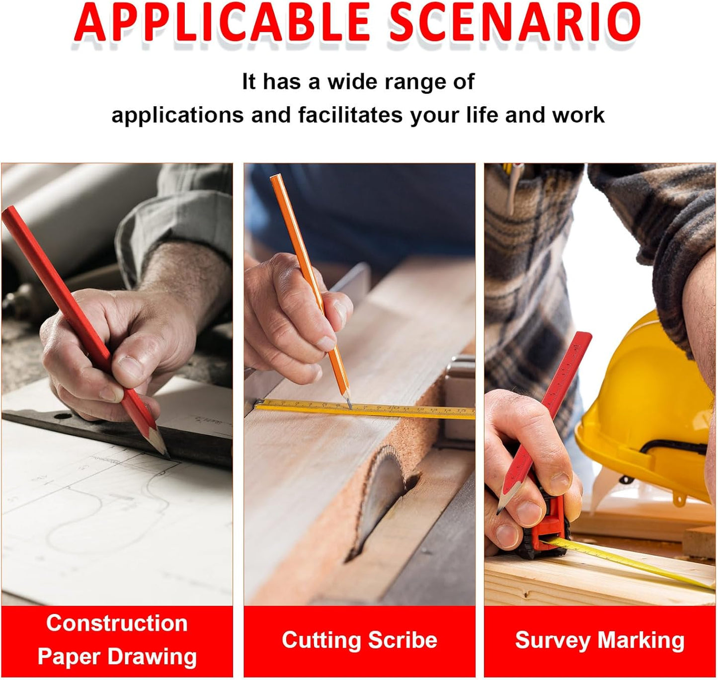 Honoson 200 Pcs Flat Construction Pencils with Printed Ruler Wood Graphite 2 Pcs Carpenter Pencil Sharpener for Woodworking Marking Tool (Orange and Red)