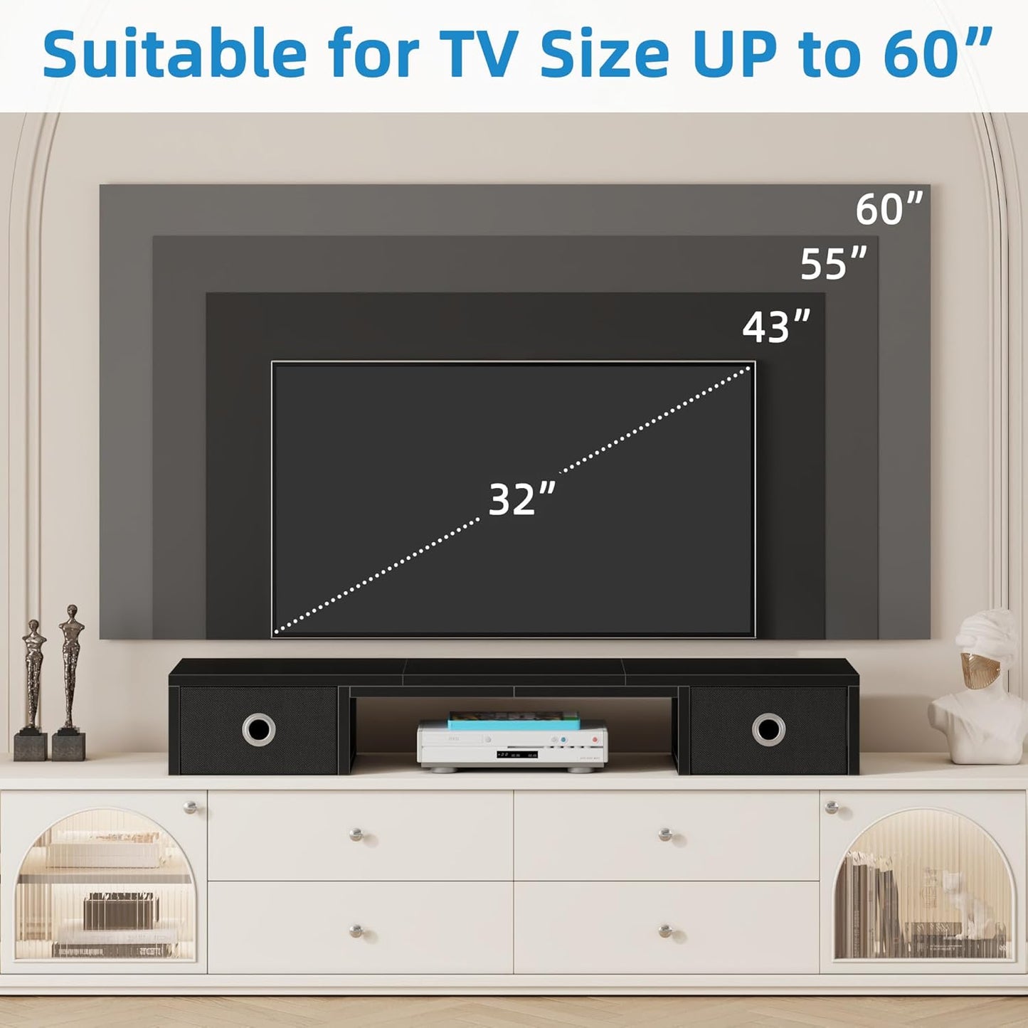 45" Large TV Riser with Fabric Drawers for 32-60 inch TV, TV Stand Riser with Steel Legs, Tabletop TV Riser Shelf, Monitor Stand Riser for Home Office, Black