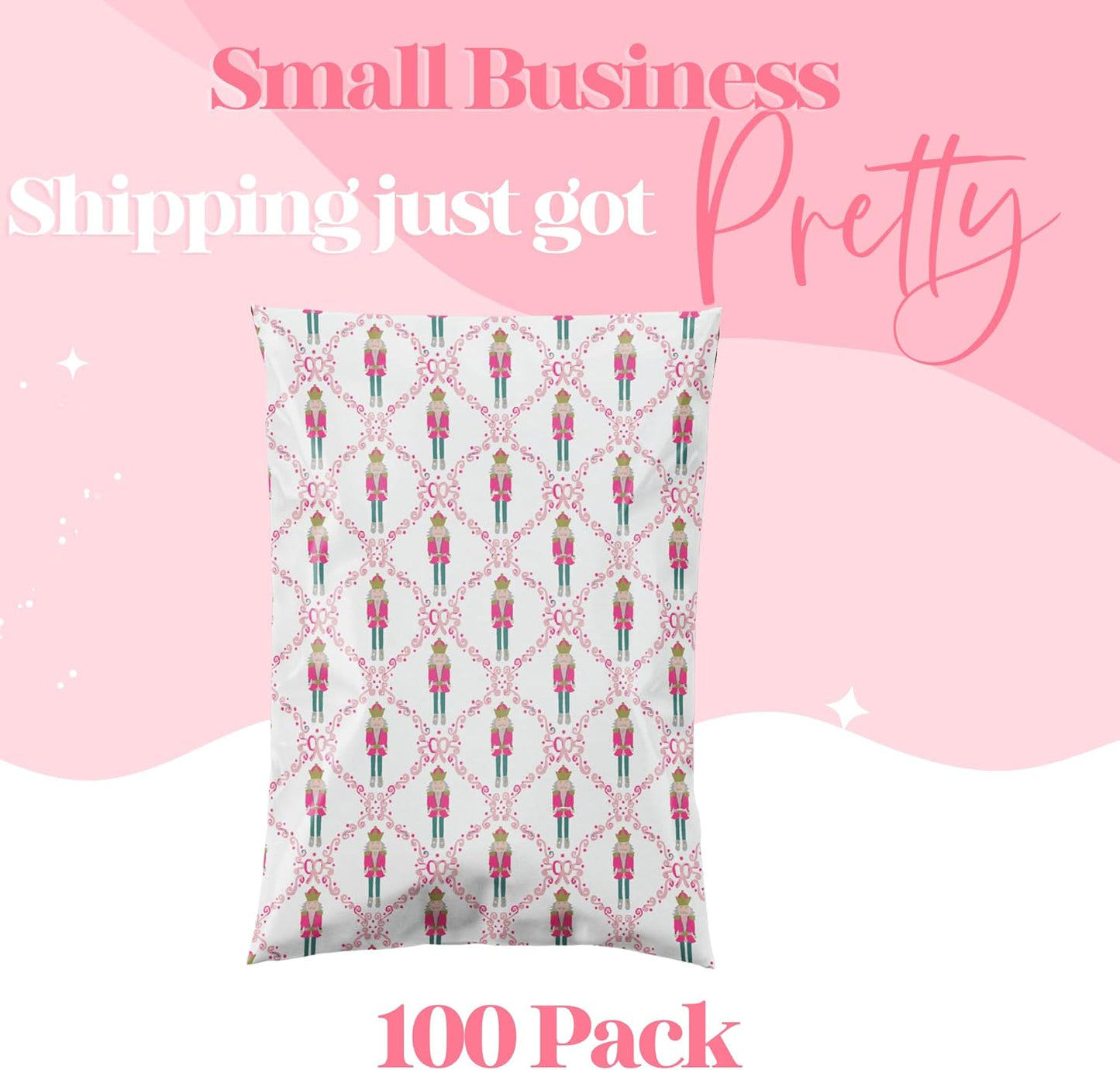 6x9 Designer Poly Mailer 100 Pack Heavy Duty Waterproof Self Seal Shipping Bags for Small Business Large Mailing Envelopes Bulk Tear Resistant Packaging Pink Nutcracker Christmas Holiday