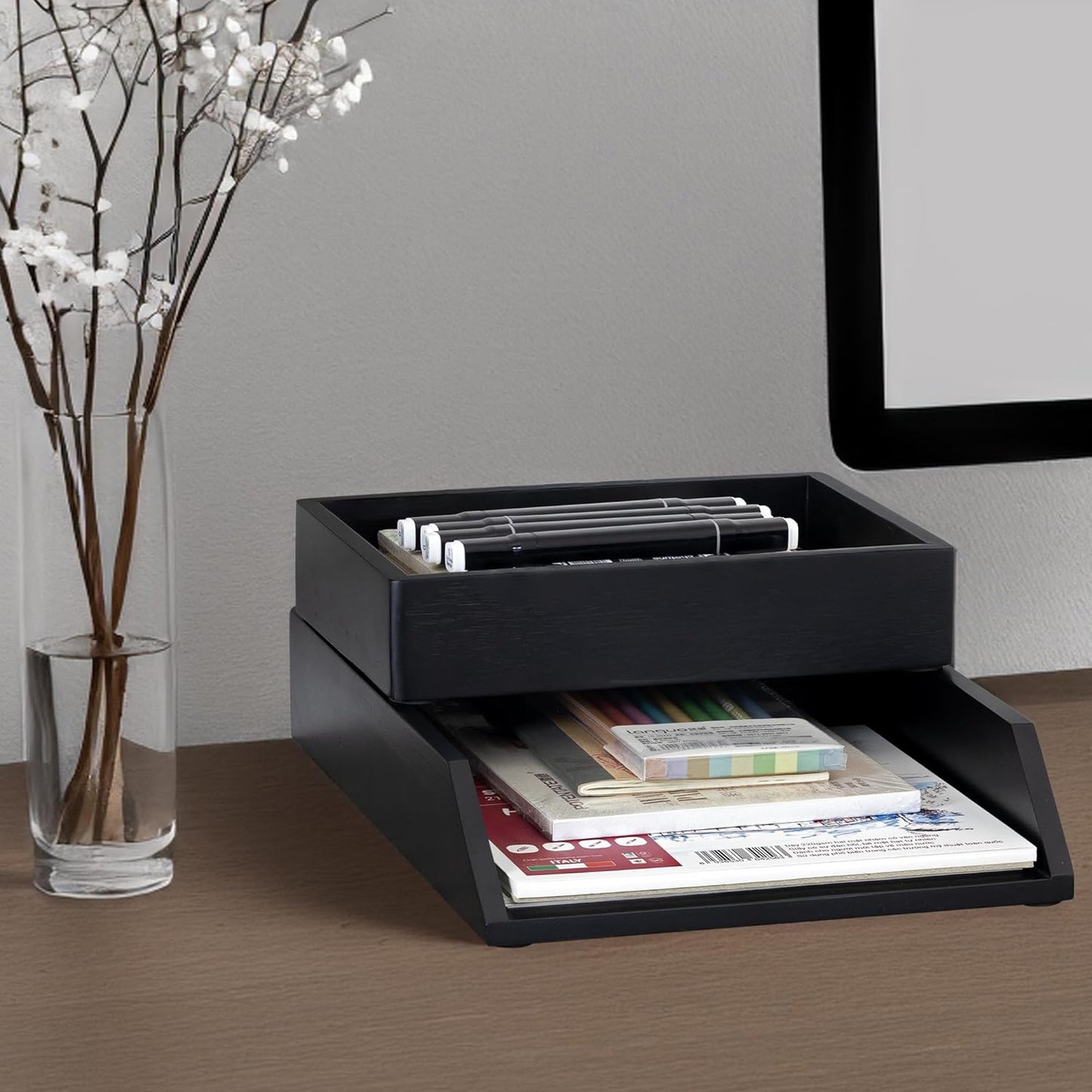 Demigo Desk Organizer Letter Tray Set of 2, Acacia Wood Tabletop Desktop for Storage Paper Letter Folders Notebooks Copy Print, Workspace Holder, Keep Stationery Saver (Black)