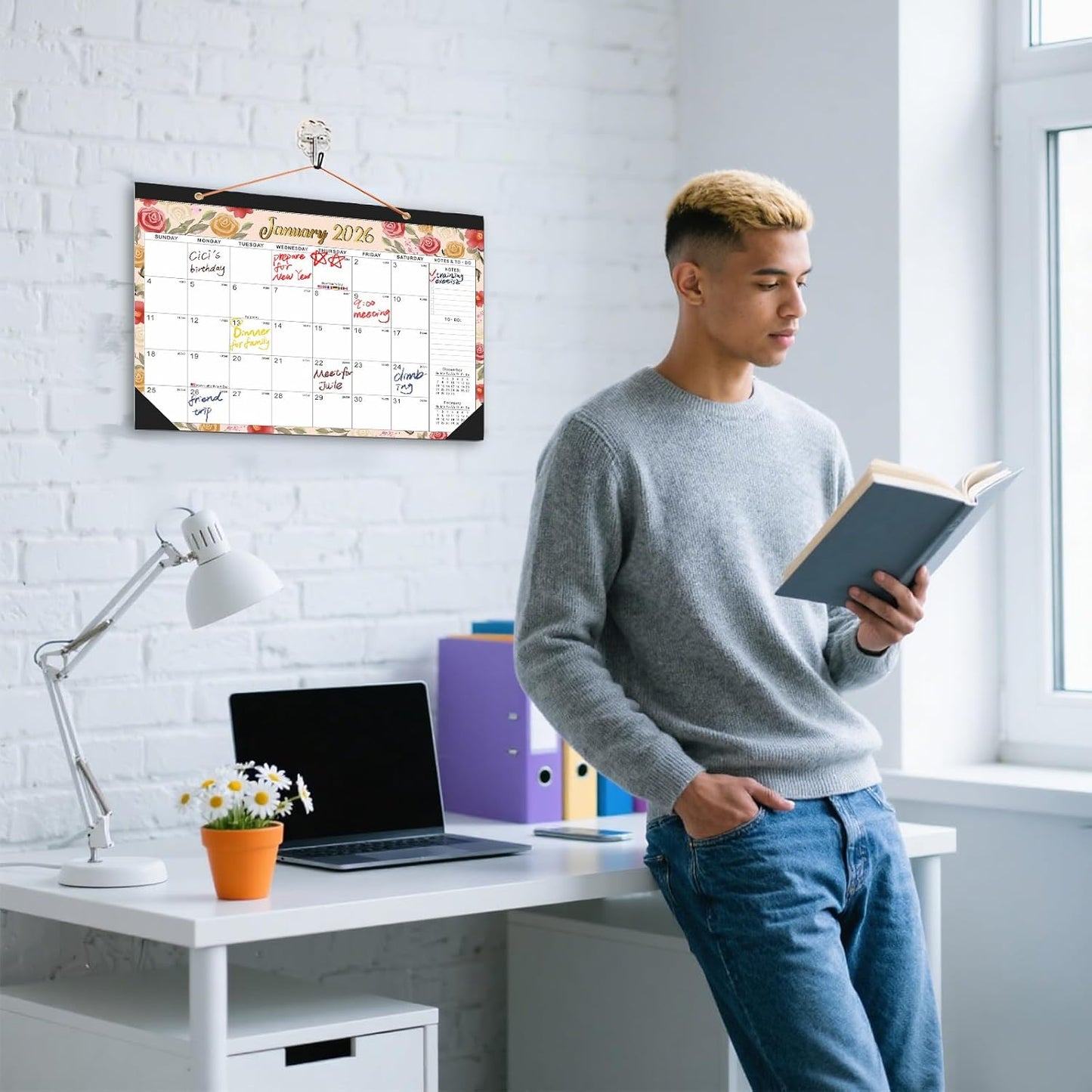 2026-2027 18-Month Large Desk Calendar with 2 Stickers & Hanging Rope - 17"x12" Watercolor Floral Desktop or Wall Calendar | Holiday Marks & Year Countdown | for Office, Homeschool, Teacher Planning (Jan 2026 - Jun 2027)