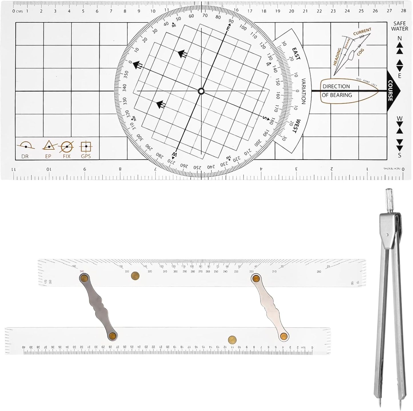 3 Pcs Basic Navigation Set, Including Marine Parallel Ruler, Nautical Protractor, and Navigation Fixed Point Divider, Marine Accessories with Clear Scales for Boat