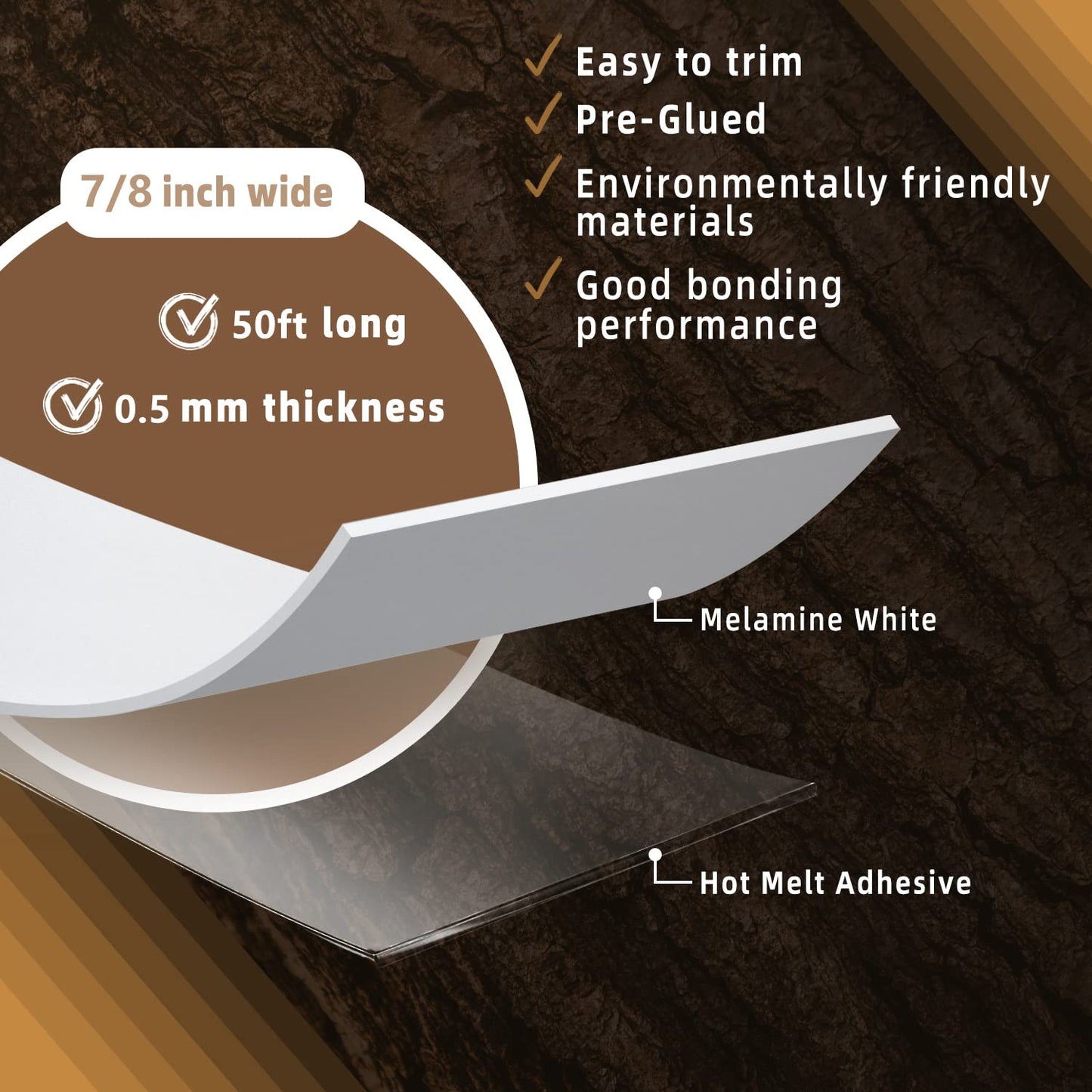 GSCIT Club White Edge Banding, 7/8 inch x 50ft Melamine Edge Banding with Hot Melt Adhesive Preglued Cabinet Edge Banding Flexible White Veneer