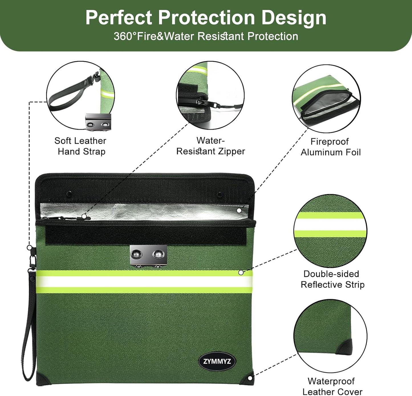 6200°F Fireproof Money Bag with Lock,9 Layers of Heat Insulated Materials,Upgraded Fireproof Zipper/Reflective Strip,Water Resistant Fire Proof for Cash,A5 documents（Not Suitable for A4 Files）
