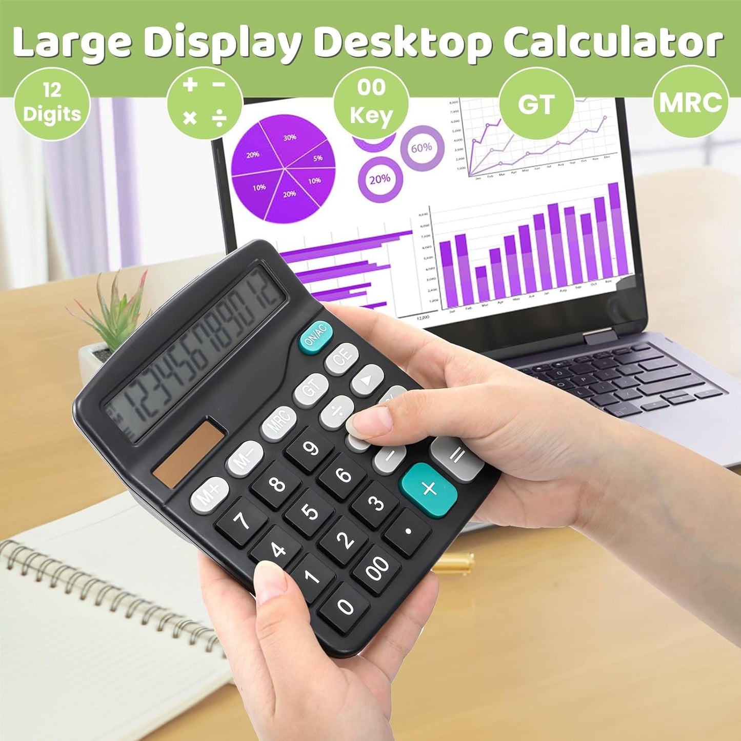 8 Pack Desktop Calculator 12 Digit, Solar Battery Basic Calculator, Dual Power Electronic Calculators with Large LCD Display, Sensitive Button Handheld Calculator for Office Home School, Black