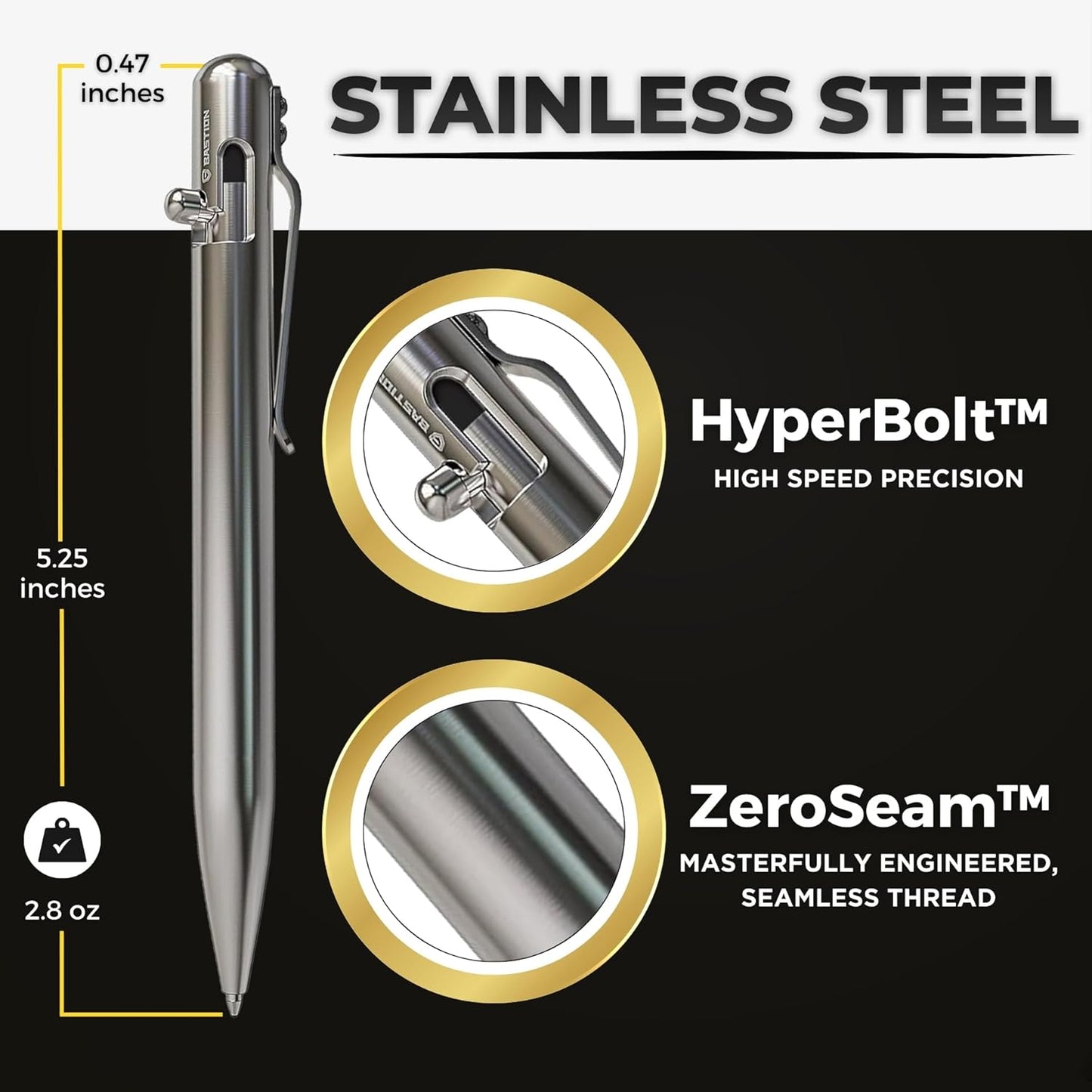 BASTION® Luxury Bolt Action Pen, Durable Professional Ballpoint Pen with Fine Tip, EDC Pen Ink Refillable Pen - 100% Stainless Steel