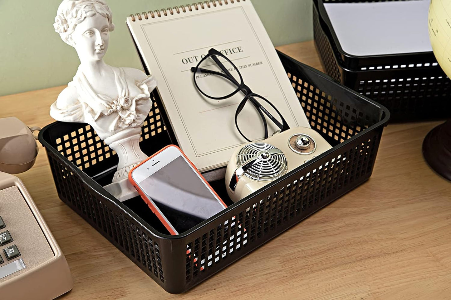 A4 Size Plastic Storage Basket,Desktop File Paper Letter Organizer Tray, 6-Packs (White+Black)