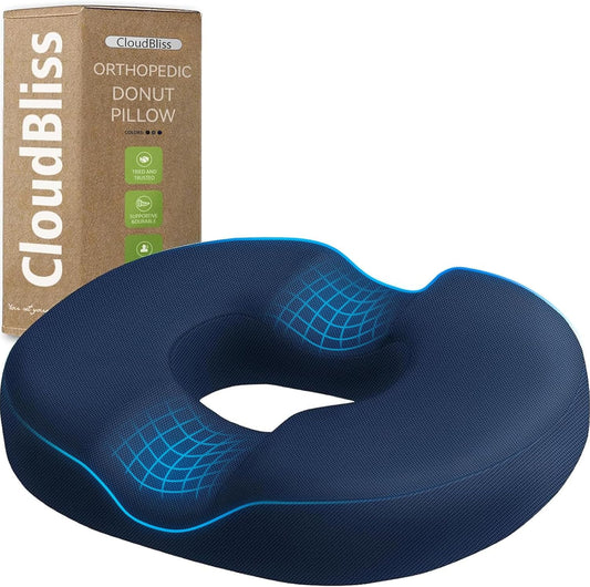 CloudBliss Donut Pillow Seat Cushion for Tailbone Pain Relief and Hemorrhoids, Memory Foam Seat Chair Cushion for Postpartum Pregnancy, Seat Cushions for Men and Women for Home & Office, (Blue-XL)