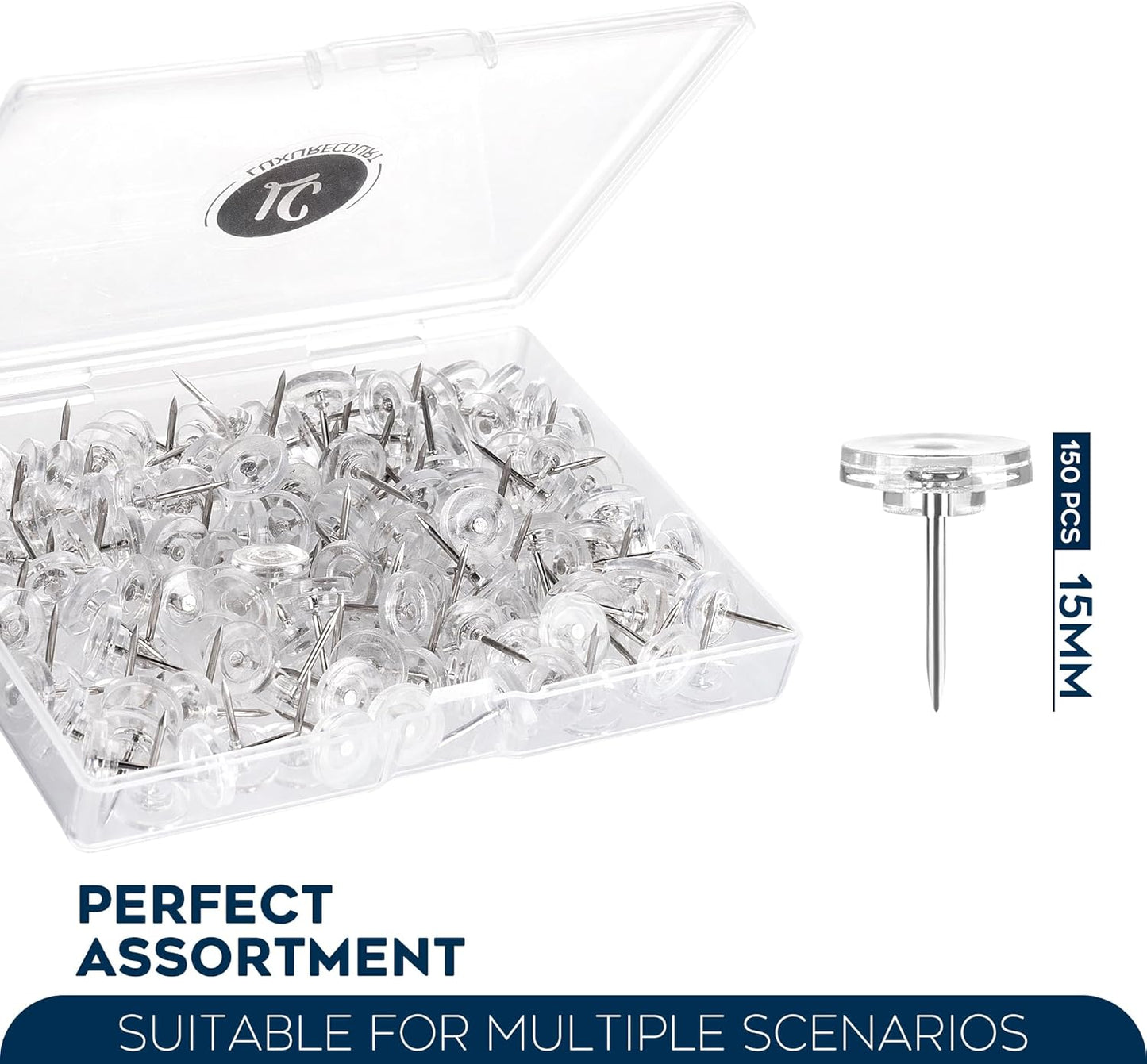 150 Pack Clear Push Pins Tacks by Luxurecourt, Flat Head Thumbtacks for Bulletin Board, Wall Hanging, Cork Board, Shadow Box, Heavy Duty Plastic Head with Steel Point in Reusable Storage Box.
