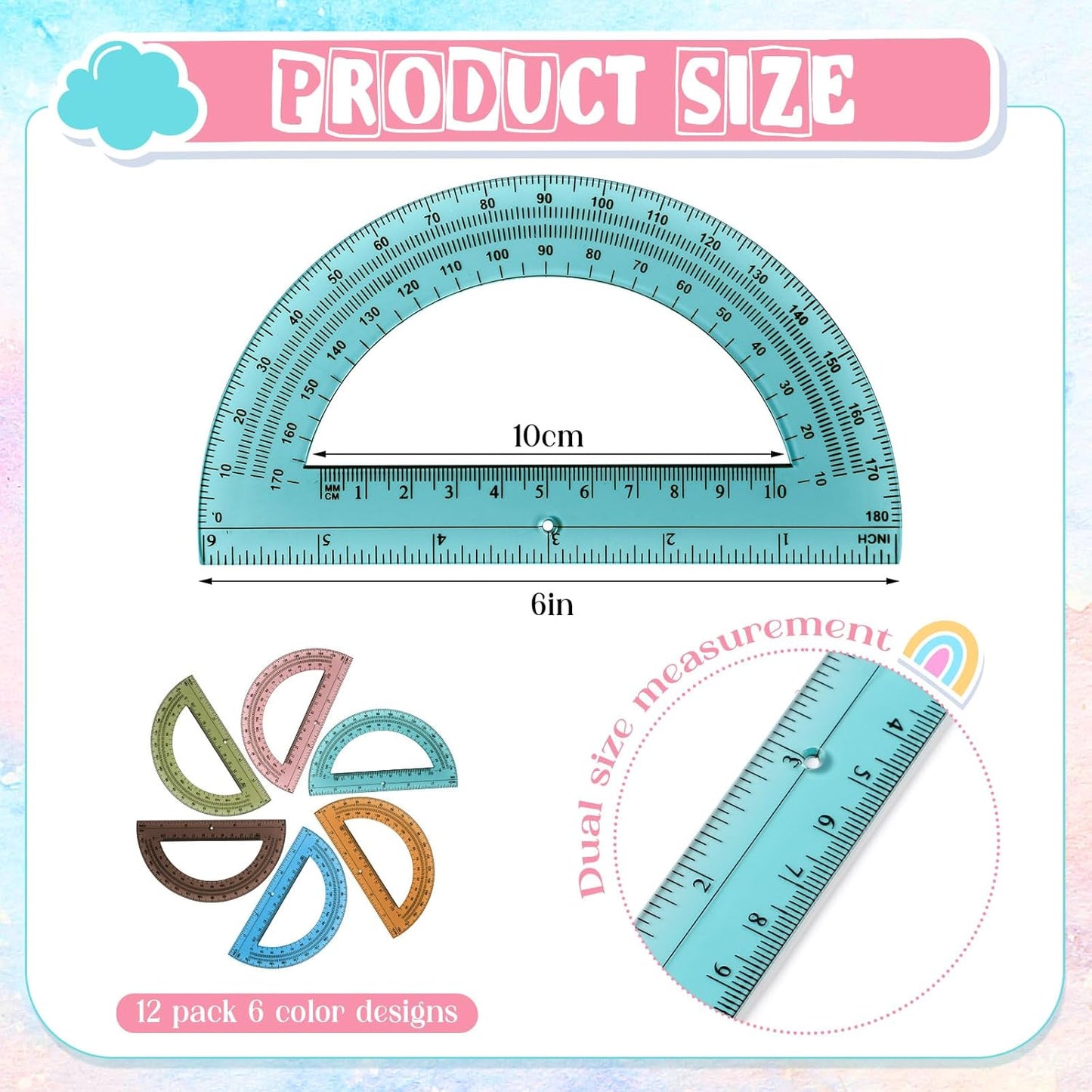 12 Pcs of Colorful Plastic Protractors 180 Degrees 6 Inches Mathematical Protractor Translucent Geometric for Learn Office Measurement Drawing