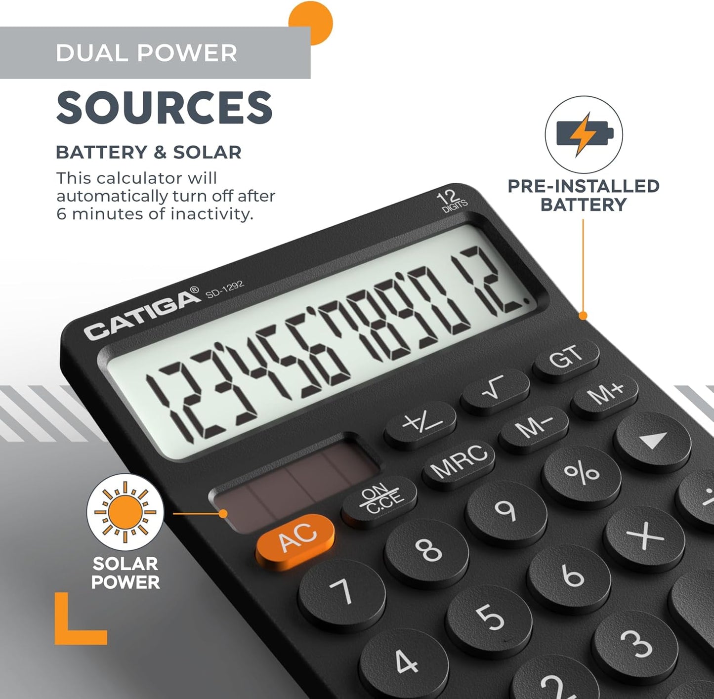 CATIGA 12 Digit Desktop Calculator with Large LCD Display, 4 Funtions Calculator, Round Design Big Button, Solar and Battery Dual Power, Standard Function for Office, Home, School, SD-1292