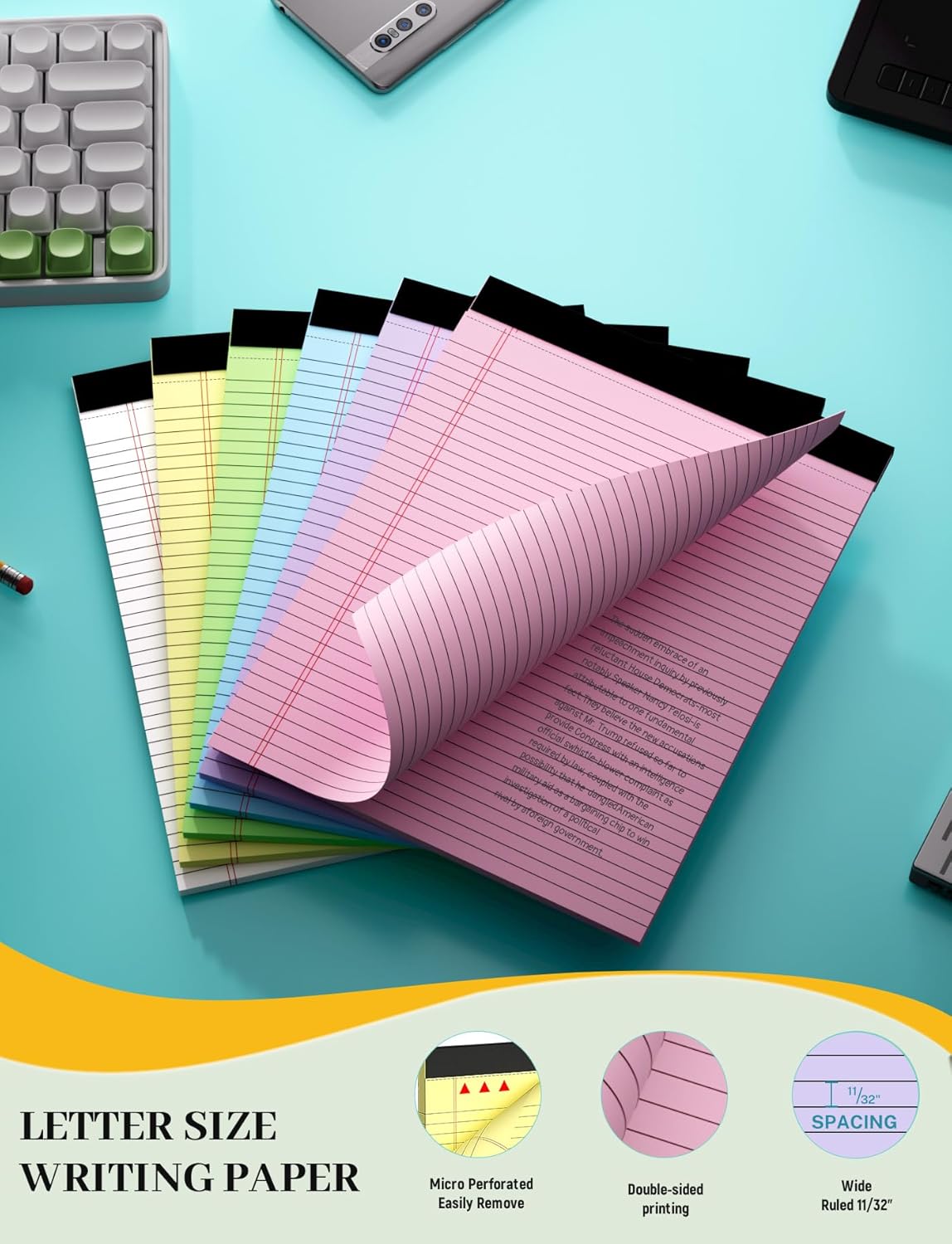 Colored Legal Pads, Yellow Legal Pads 8.5 x 11, 48 Pack Note Pads 8.5 x 11 Wide Ruled, Notepads 8.5 x 11 with Sturdy Back, Perforated Writing Paper Pads, Colored Lined Pads for Office, School, Home