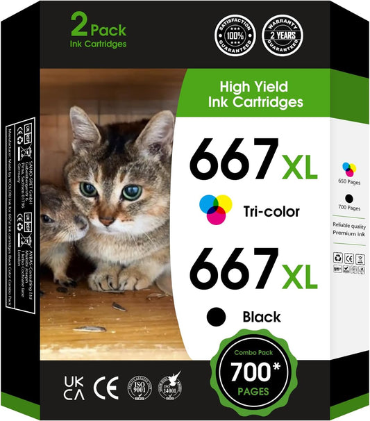 667XL 667 XL Black and Color Replacement for HP 667 XL 667 Ink Cartridges for Deskjet Ink Advantage 1275 2375,DeskJet2775,1275 2374 2375 2376 2775 2776 6075 6475 6476 Printers (1 Black, 1 Tri-Color)