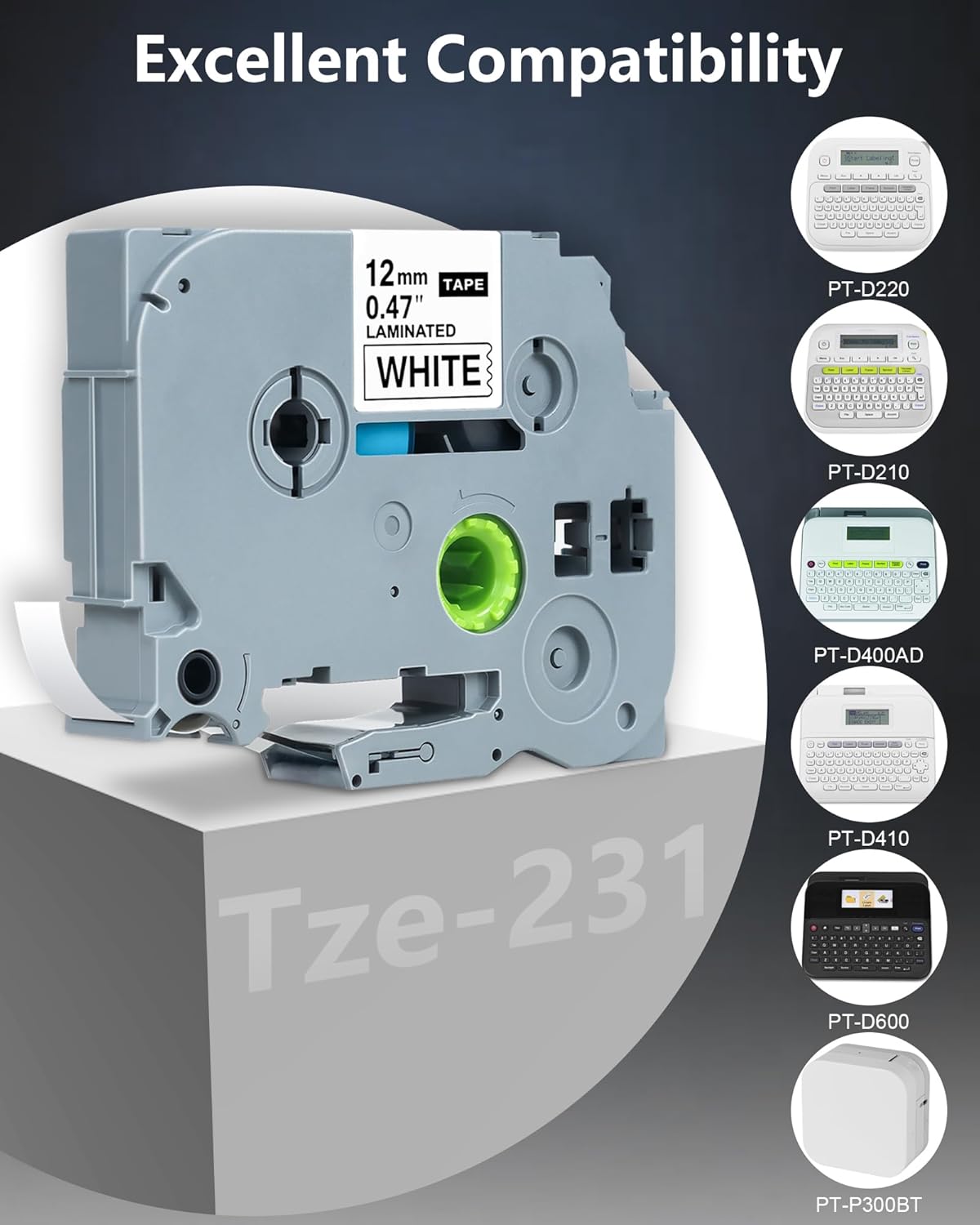 12mm 0.47 Laminated Replacement for Brother Label Maker Tape, P-Touch Label Tape, Tze 231, Compatible with Brother P Touch Label Maker PT-D210 PT-H110 PT-D220 PT-D400, 6-Pack