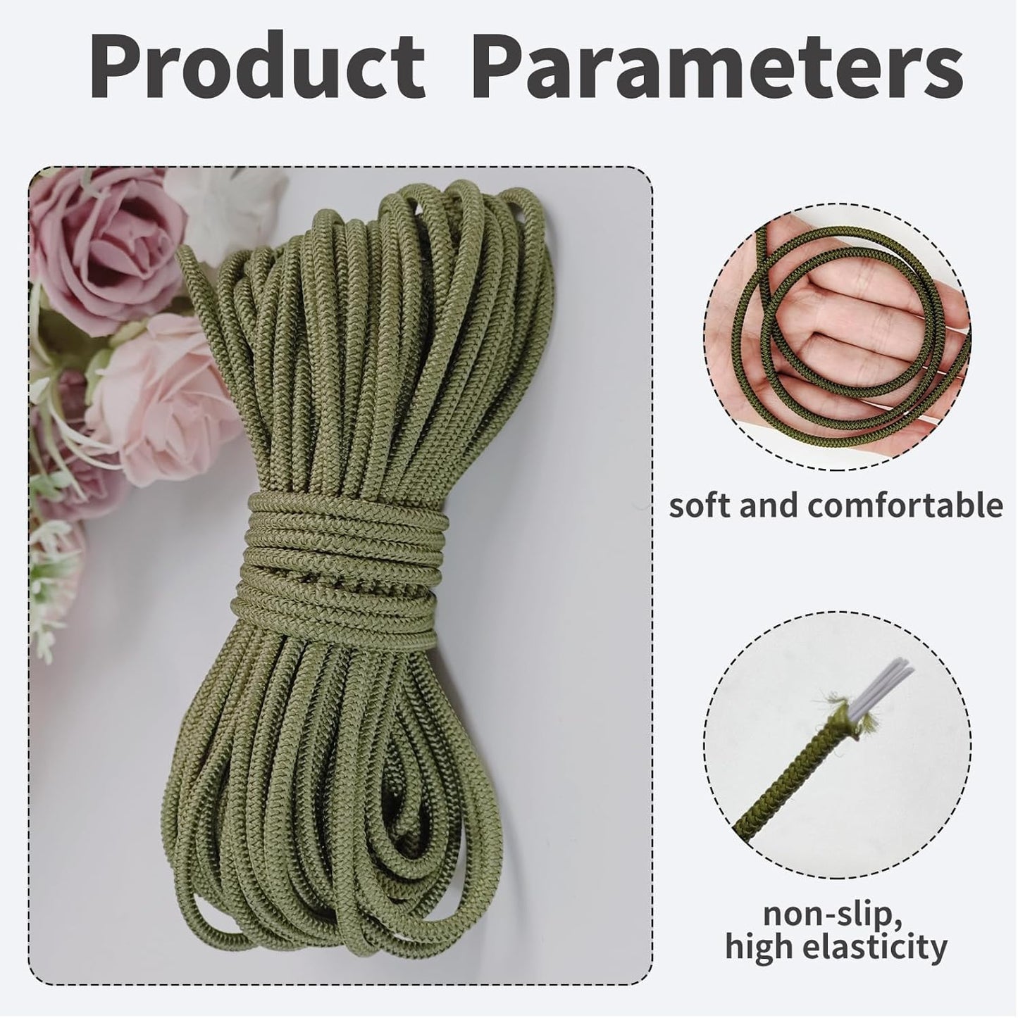 1/8 inch Non-Slip Elastic Band -3mm 15 Yards Soft Elastic Cord Stretch String Braided Thread for Sports Gear, DIY Crafts, Hair Bands, Shoelaces,Apparel Making & Camping Tie Down (Olive Green)