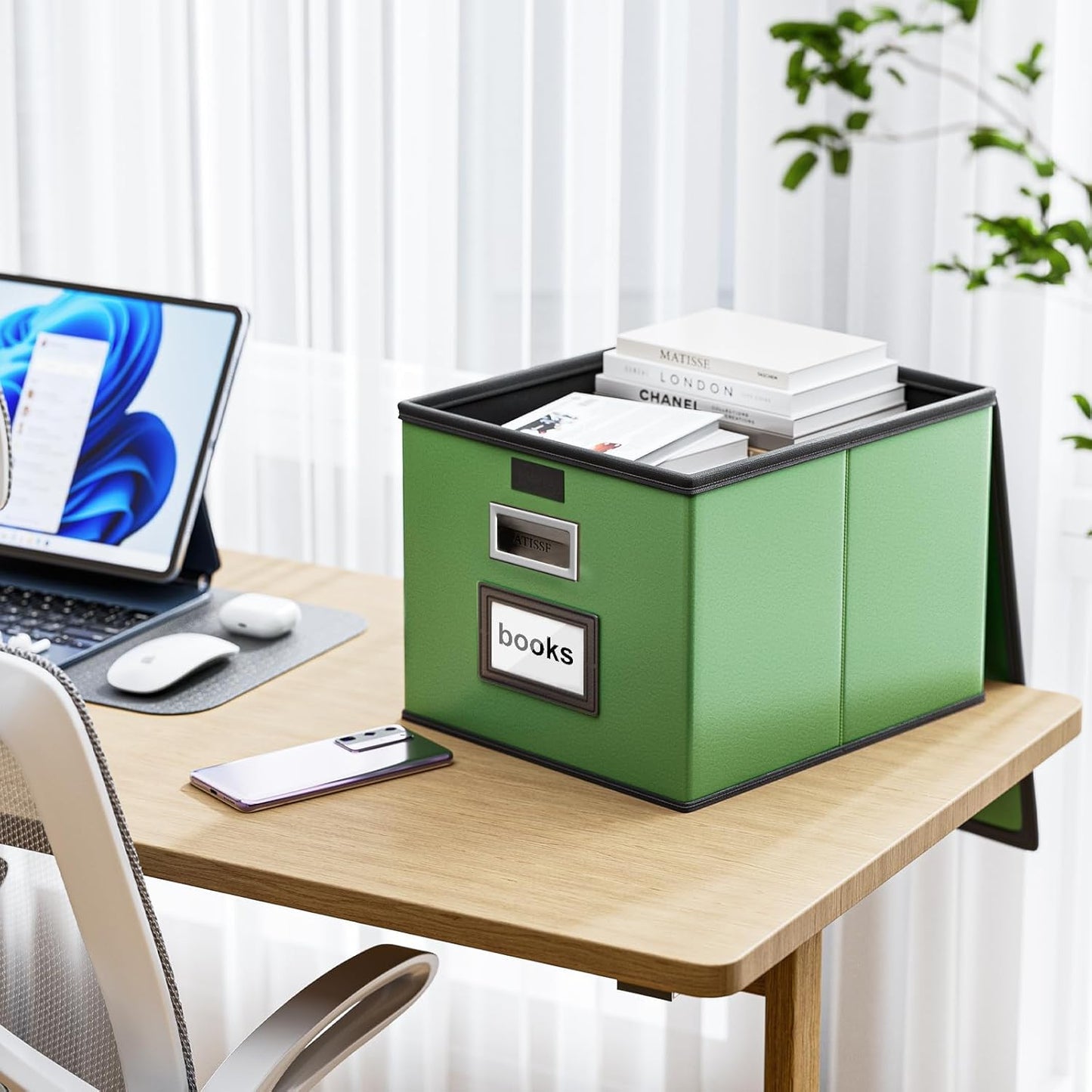 Huolewa File Organizer Box with Lid, Collapsible Faux Leather Document Organizer, Hanging File Folder Box with Plastic Slide, Decorative Filing Boxes Cabinet for File and Folders Storage(Green)