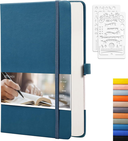 EMSHOI Dotted Notebook - 256 Pages A5 Dot Grid Journal Bullet Notebook with 120gsm Thick Dotted Paper,16 Perforated Pages, Hardcover Leather, Pen Holder, Inner Pocket, 5.75" x 8.38"-LightBlue