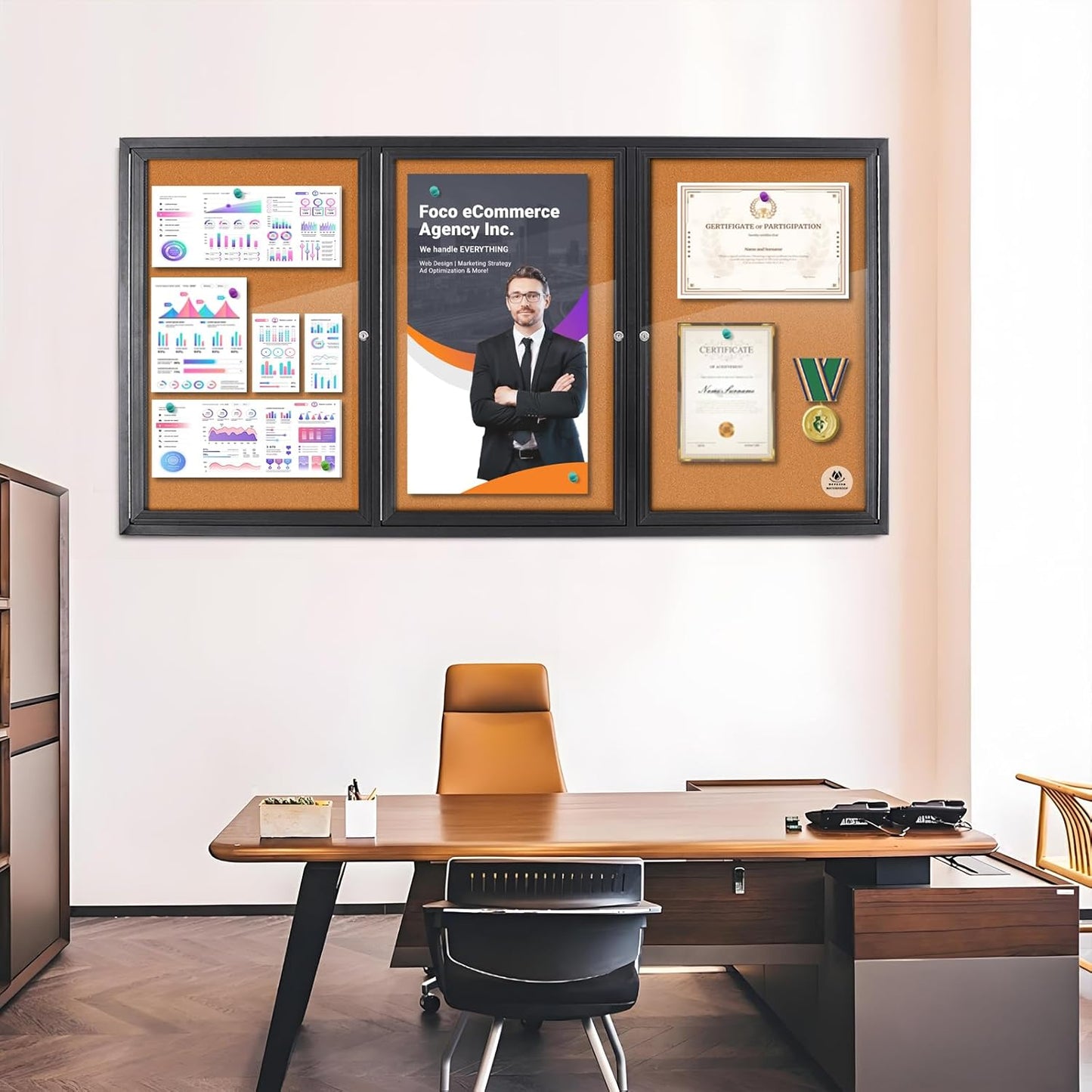 Enclosed Bulletin Board Lockable,3 Doors Weatherproof Outdoor Noticeboard with Locking Door, Wall-Mounted Aluminum Framed Presentation Board, 70x36 Inch