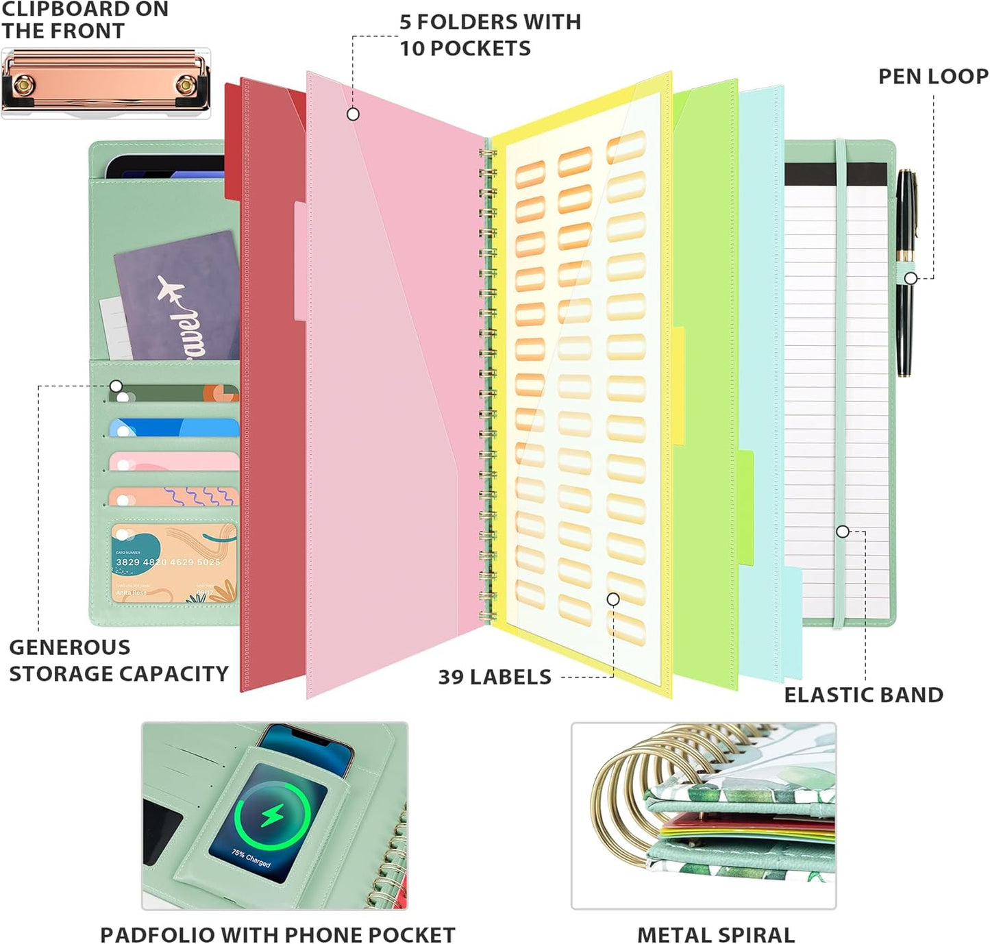 Clipboard with Storage for Men Women, Leather Padfolio Portfolio Organizer 5 Folders with 10 Pockets, Spiral Clipboard Folio with Notepad for Letter Size, Elastic Closure and Pen Loop Green Plants