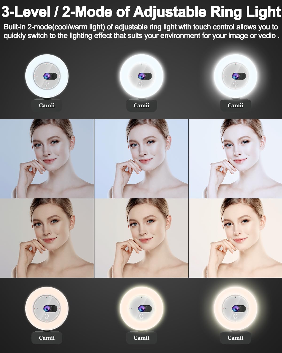 2K Webcam with Light, HD Webcam for PC with Built-in Privacy Cover, Adjustable Brightness, Noise Reduction Mics, for Zoom Skype Teams Laptop and Google Meet