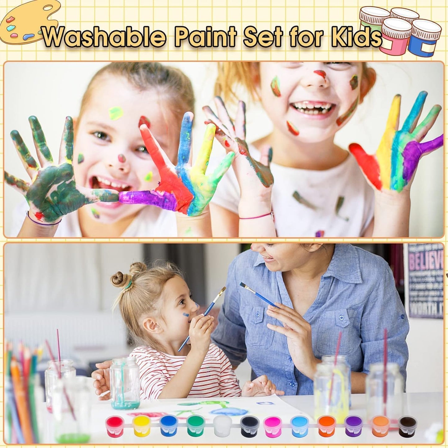20 Pack Mini Acrylic Paint Set,12 Color Acrylic Paint Strips with 40Pcs Painting Brushes for Kids&Adults, 280 PCS Kids Paint Set Container Strips Storage for Home Classroom Party Favors Easter Gifts