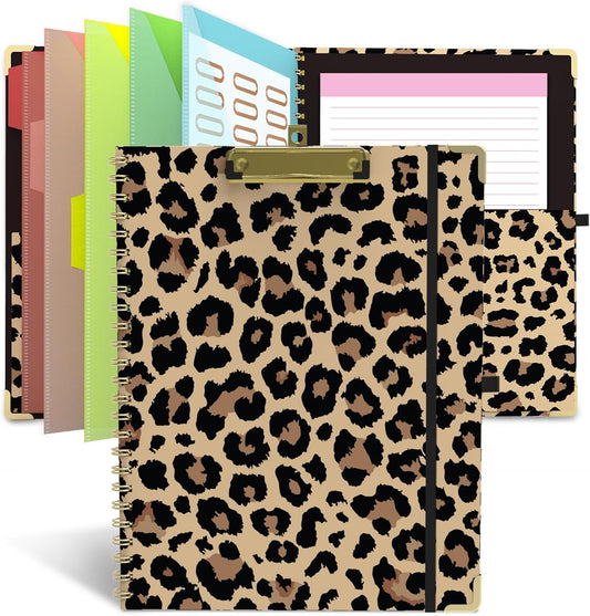 Foldable Clipboard Folio with Storage, 5 Plastic Folders with 10 Pockets,Refillable Lined Notepad (11" x 8.5"), Hardcover Project Organizer Nursing Teacher School Essentials(Cheetah Spots)