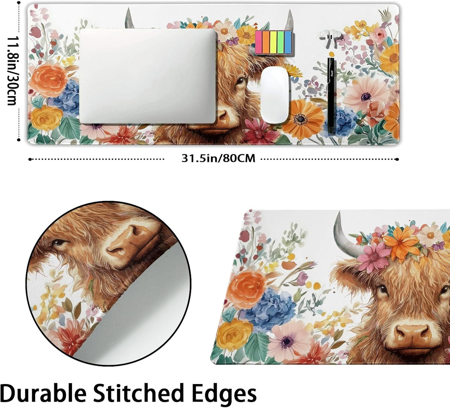 Aesthetic Highland Cow Gaming Mouse Pad XL Cow Print Blue Orange Floral Extended Large Mat Mousepad Desk Pad Non-Slip Rubber Base Stitched Edge Flower Keyboard Pad Playmat for Computer,31.5×11.8 in