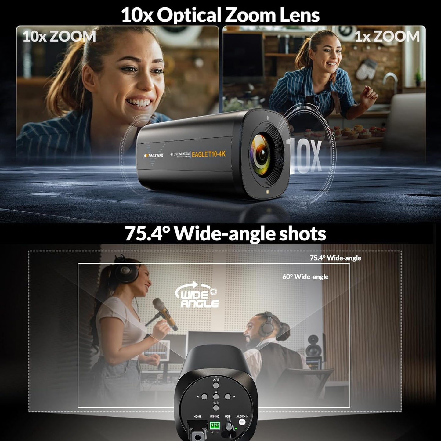 AVMATRIX Live Streaming Camera 10X Optical Zoom 75.4° Wide Angle ToF Auto Focus FHD 1080P 60fps Streaming Camera with USB3.0 & HDMI Out Work with OBS Zoom Teams YouTube/Twitch/Facebook Eagle T10