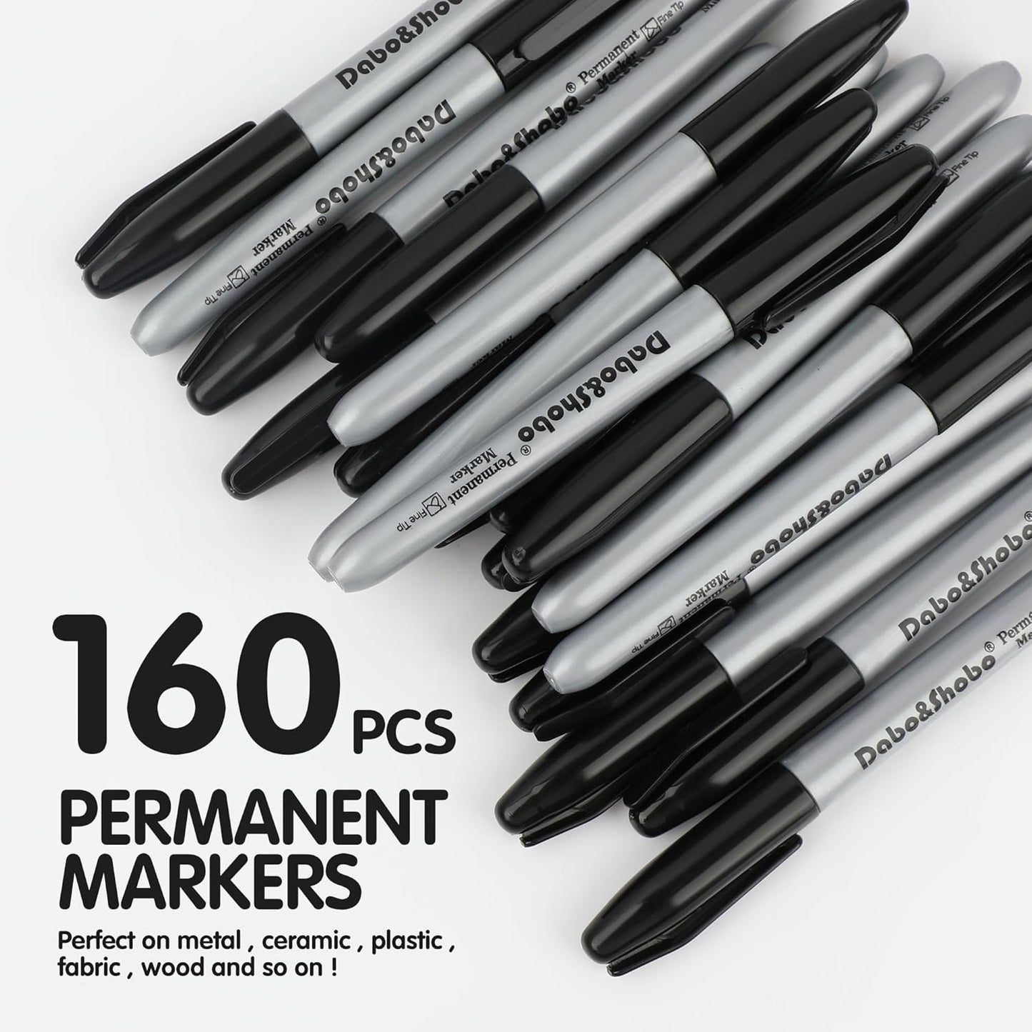 Dabo&Shobo Permanent Markers, 160 Pack Black Permanent Markers Bulk, Fine Tip, Quick Drying, Waterproof Markers, Work On Wood, Metal, Plastic, Stone, Glass For Office School Home