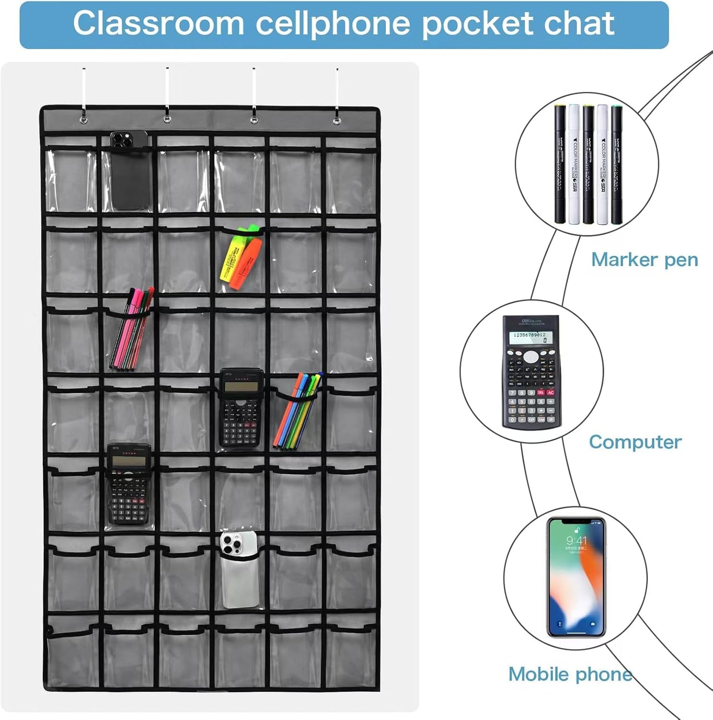 42 Pocket Classroom Pocket Chart for Cell Phones and Calculator,Clear Cellphone Pocket Chart for Classroom with Number Sticker and Hooks (Grey-42 Pockets)