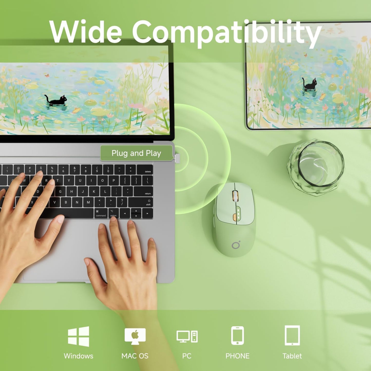 EWEADN Q5 Wireless Mouse, Bluetooth & 2.4G Quiet Computer Mouses with 1600 DPI, Battery Level Display, Ergonomic Office Mouse,6 Button Portable Cute Cordless Mice for Laptop/PC/Mac- Green