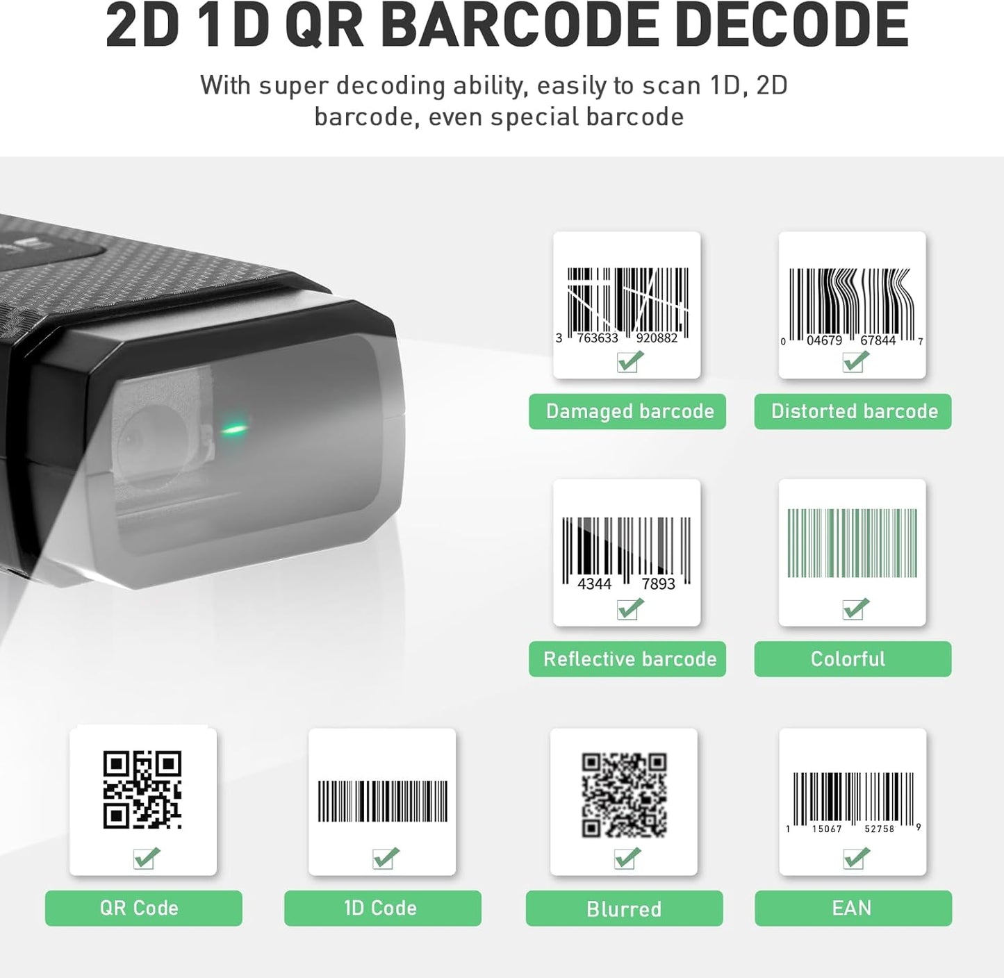 Bluetooth Barcode Scanner, ONEWSCAN Portable 1D 2D PDF417 Wireless Bar Code Scanners Support USB & Bluetooth & Wireless Connection Barcode Reader for Windows, Android, iOS, Tablets