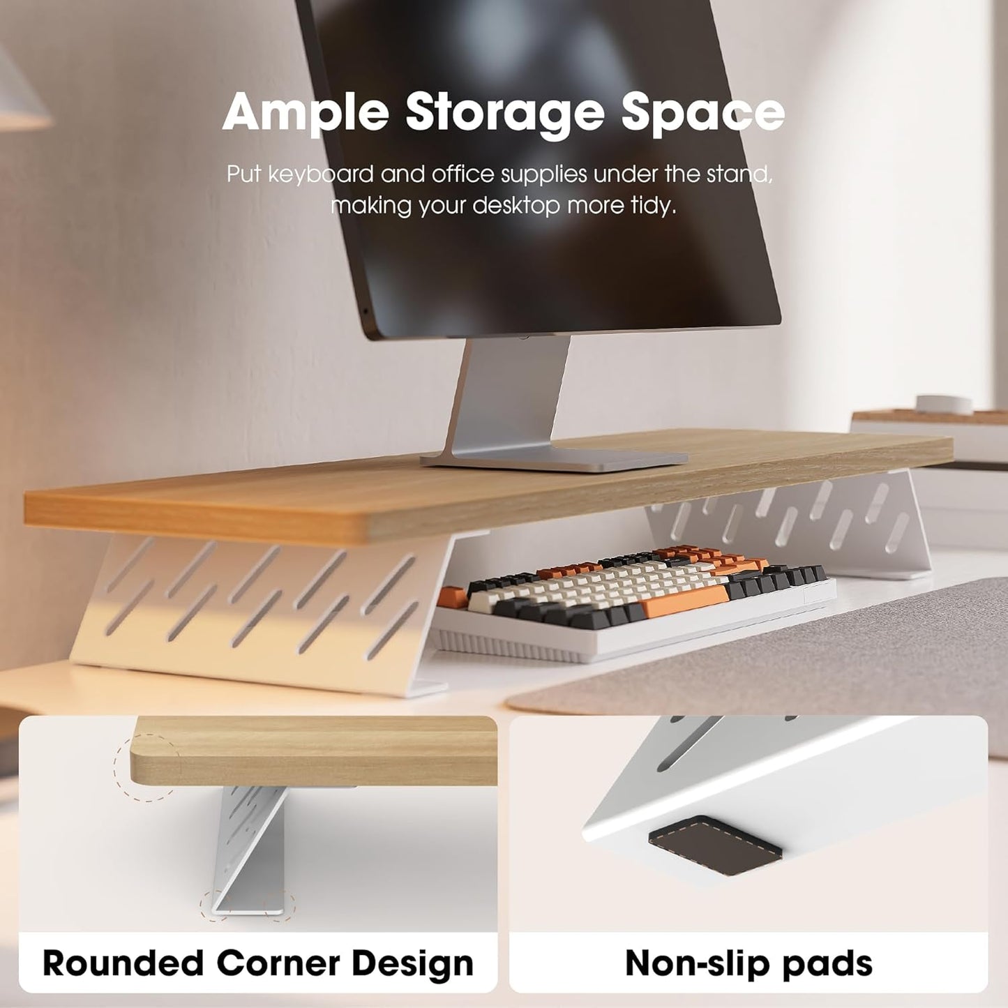 Fenge Monitor Stand Riser, Desk Top Shelf for 2 Monitors, Computer Stands for Desk, Wood & Steel Desktop Riser for Laptop, PC, Printer