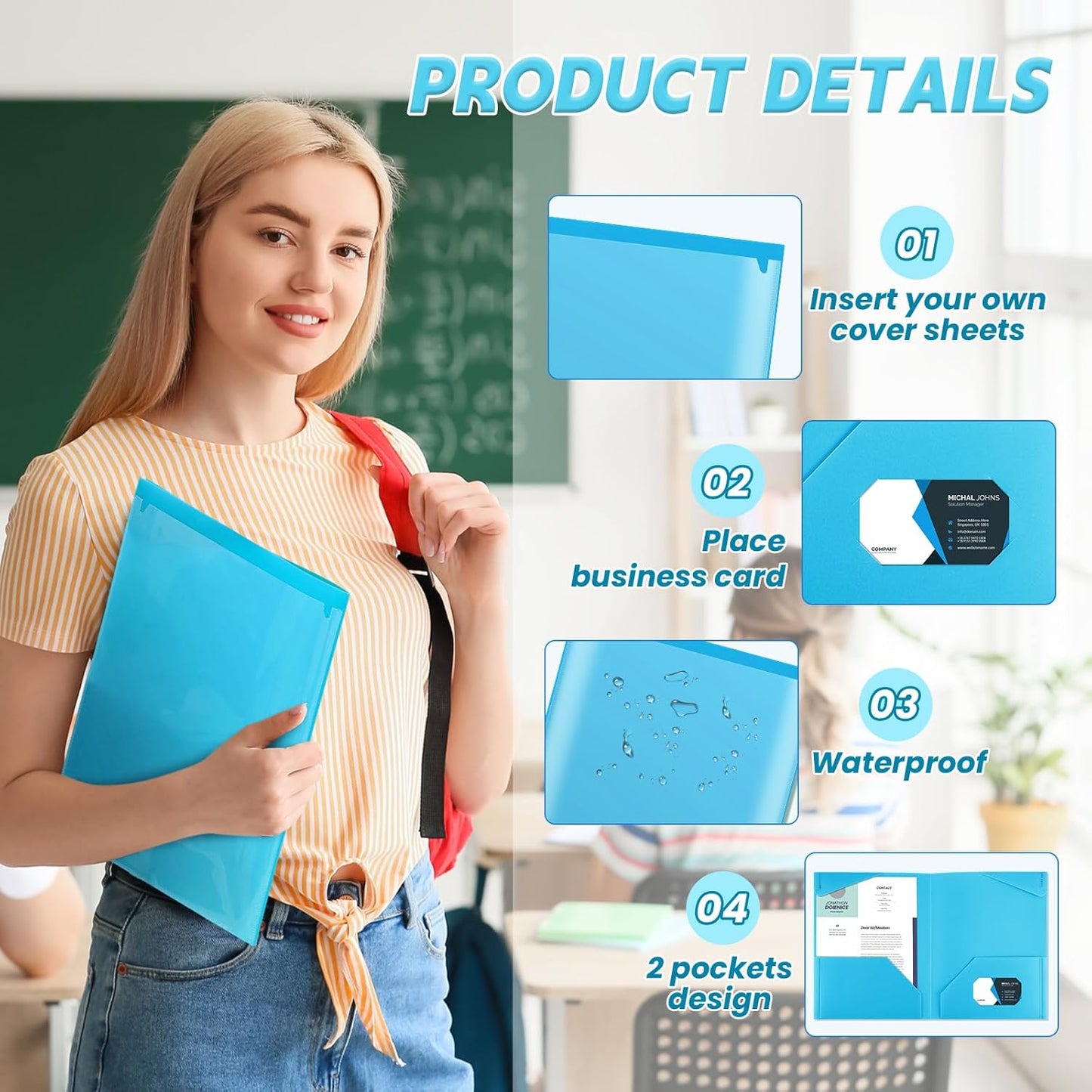 Henoyso 36 Pcs Plastic Folders with Clear Front Pockets Heavy Duty File Folders with 2 Pockets and Card Slot for Student Communication School Office Presentation Report (Light Blue)
