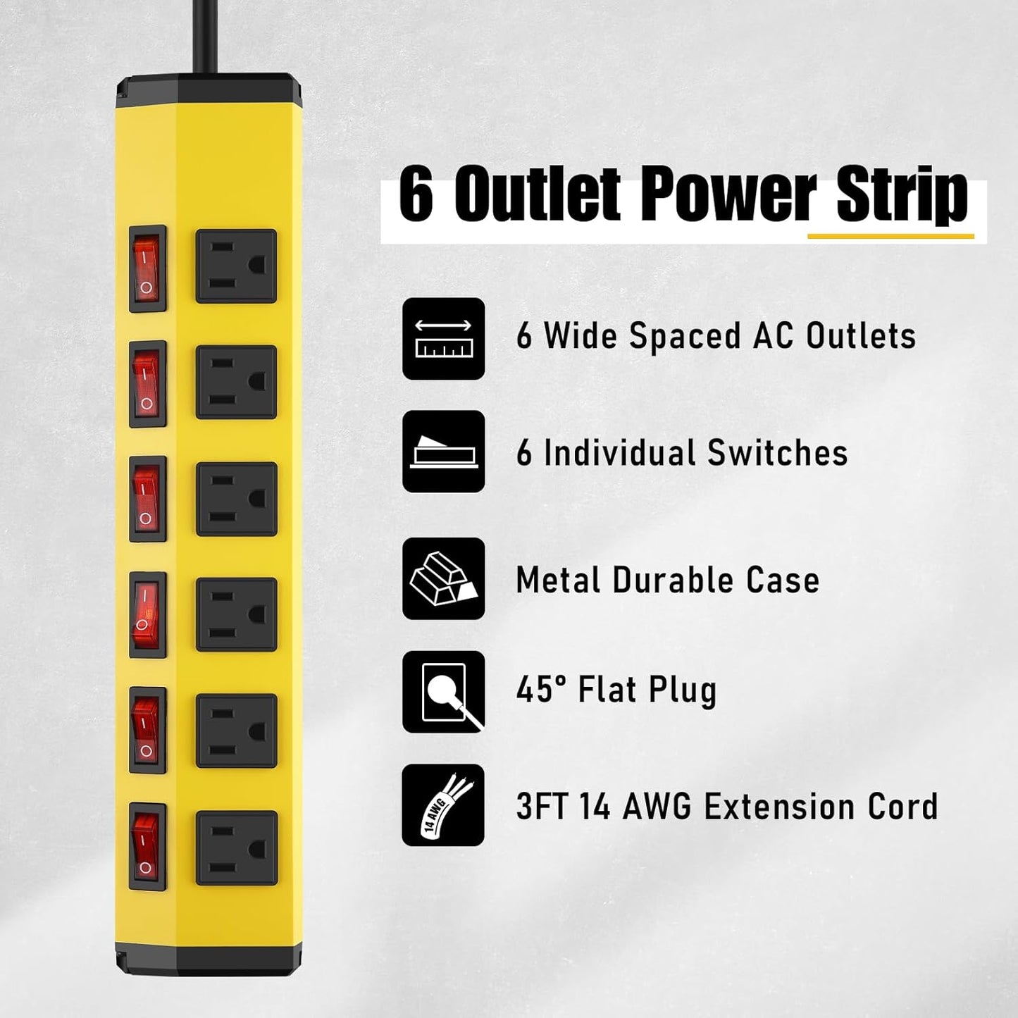ANNQUAN 6 Outlet Metal Power Strip with 6 Individual Switches,Heavy Duty Power Strip 1200J 15A 3FT Cord Home Office Industrial Commercial Shop