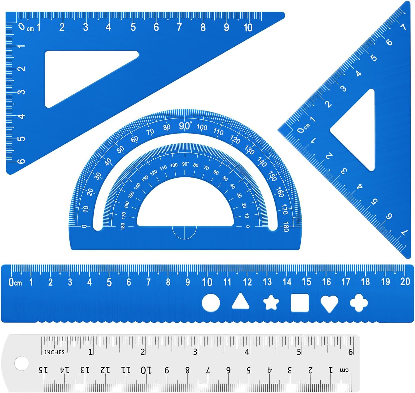 Honagu Triangular Ruler Set, 4+1Pieces Aluminum Alloy Ruler, Metal Drafting Ruler, Geometric Protractor for Students, School Office Supplies (Sky blue, 20cm)