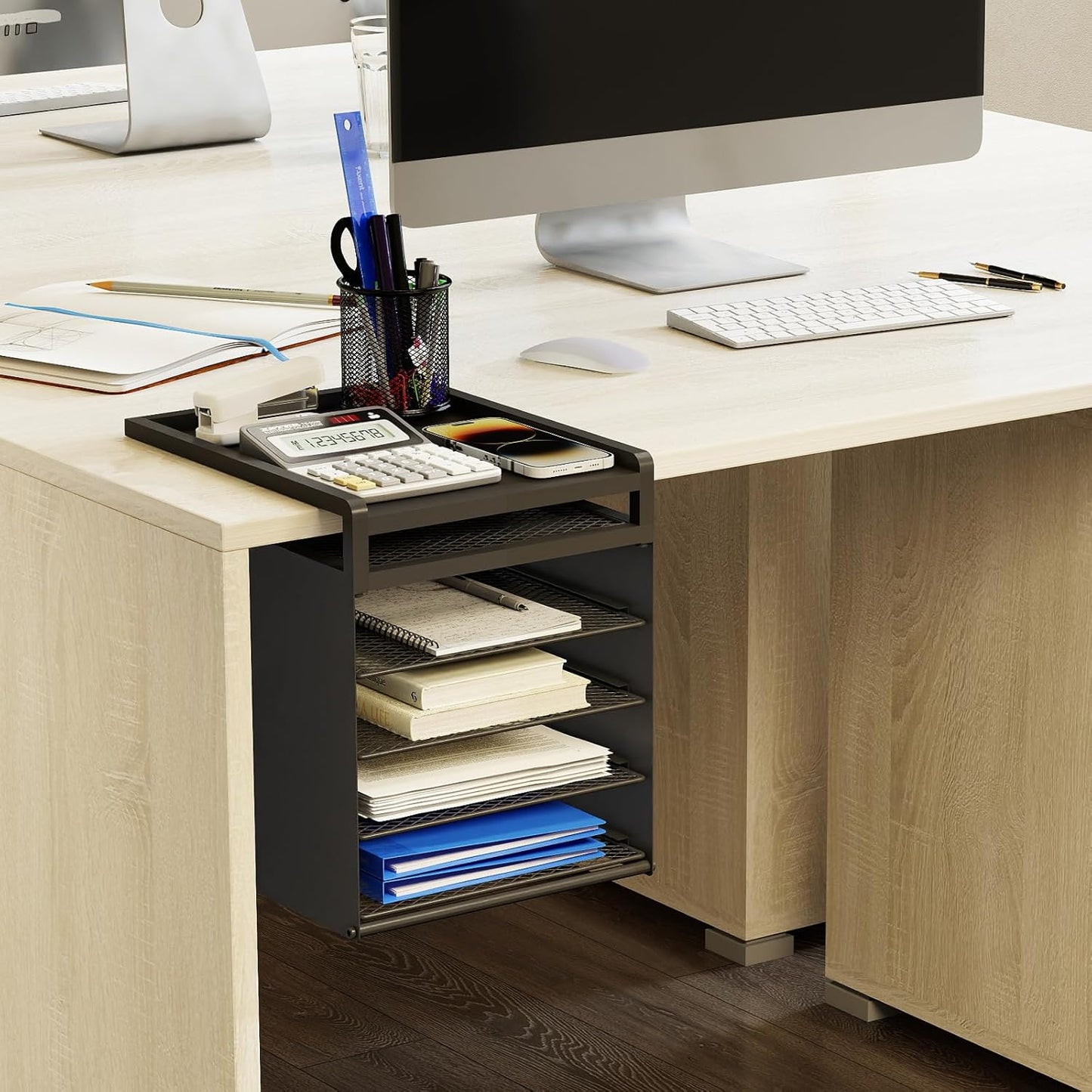 Aothia Desk Organizer with 4 Sliding Trays – Metal File Organizer for Desktop, Hanging Under Desk Organizer and Paper Tray Shelf, Space-Saving Office Document Sorter, Black