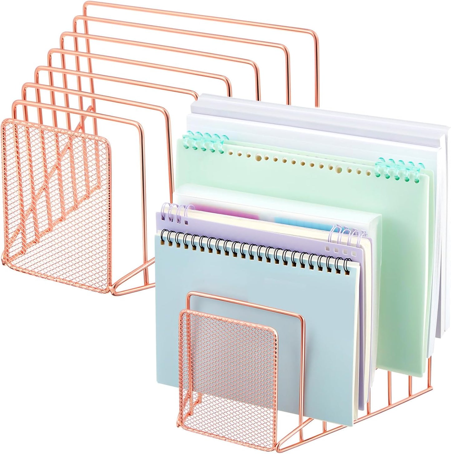 2 Pcs 7 Slot Incline File Sorter Metal Wire Mesh File Racks for Desktop Letter Sorter for Magazine Folder Book Organizer Home Office School Paper Mail Desk Storage Holder (Rose Gold)