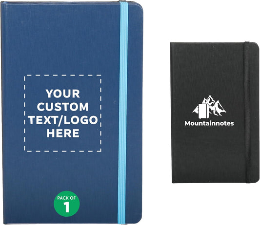 DISCOUNT PROMOS Custom Hardcover Notebook Journals with Elastic Colored Band Set of 1, Personalized Bulk Pack - Perfect for School, Office, Home - Blue