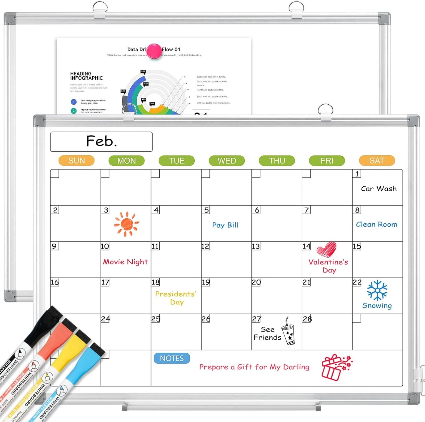 Dry Erase Calendar Whiteboard for Wall, 24" x 18" Magnetic Monthly White Board Calendar, Hanging Double-Sided White Board for Planning, Memo, School, Home, Office