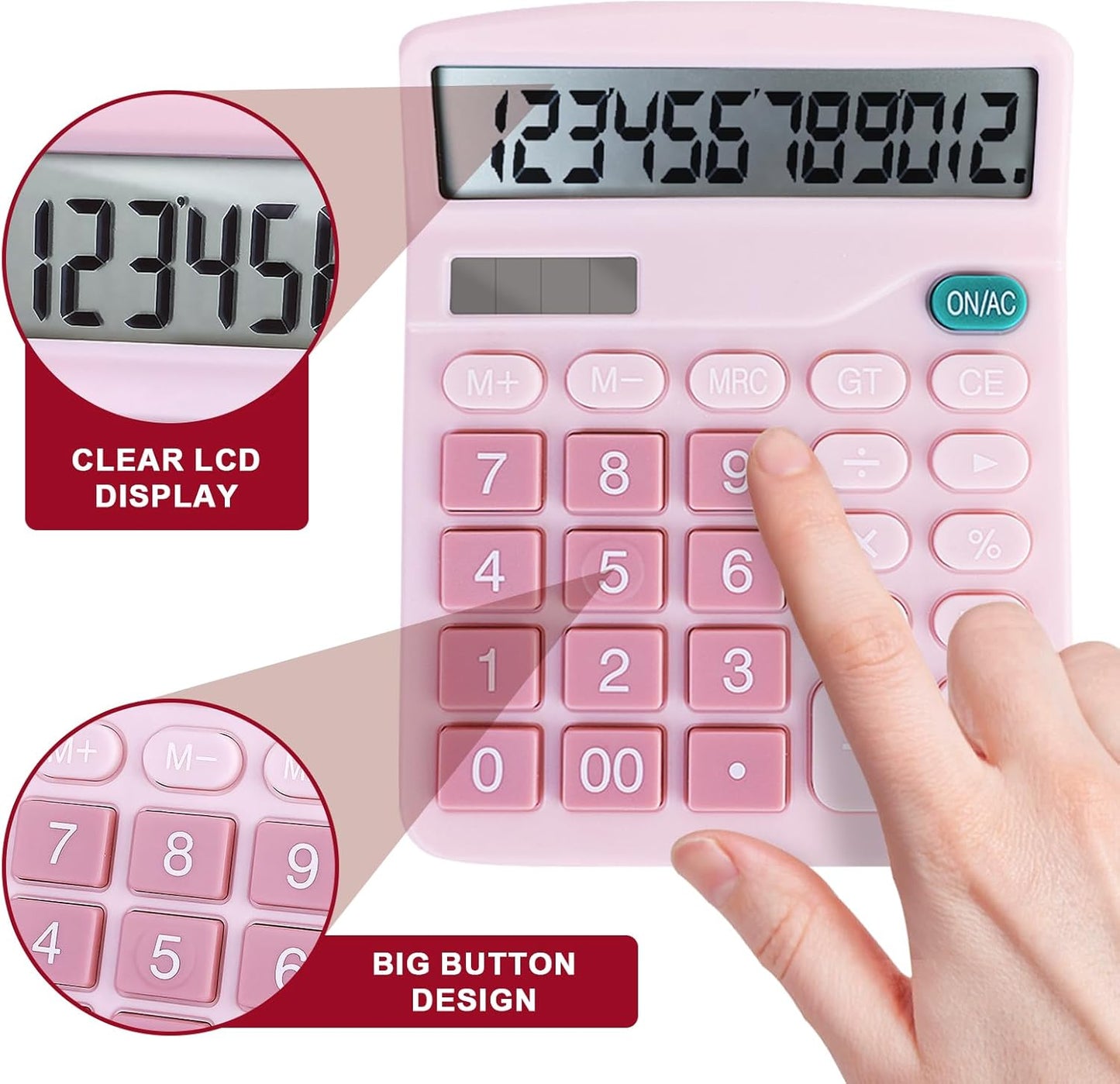 Basic Calculator with Comfortable Large LCD Display, 12 Digits Calculators Desktop, Tilt Screen, Big Button, Desk Calculator with Dual Power (Solar & Battery Included) (Pink)