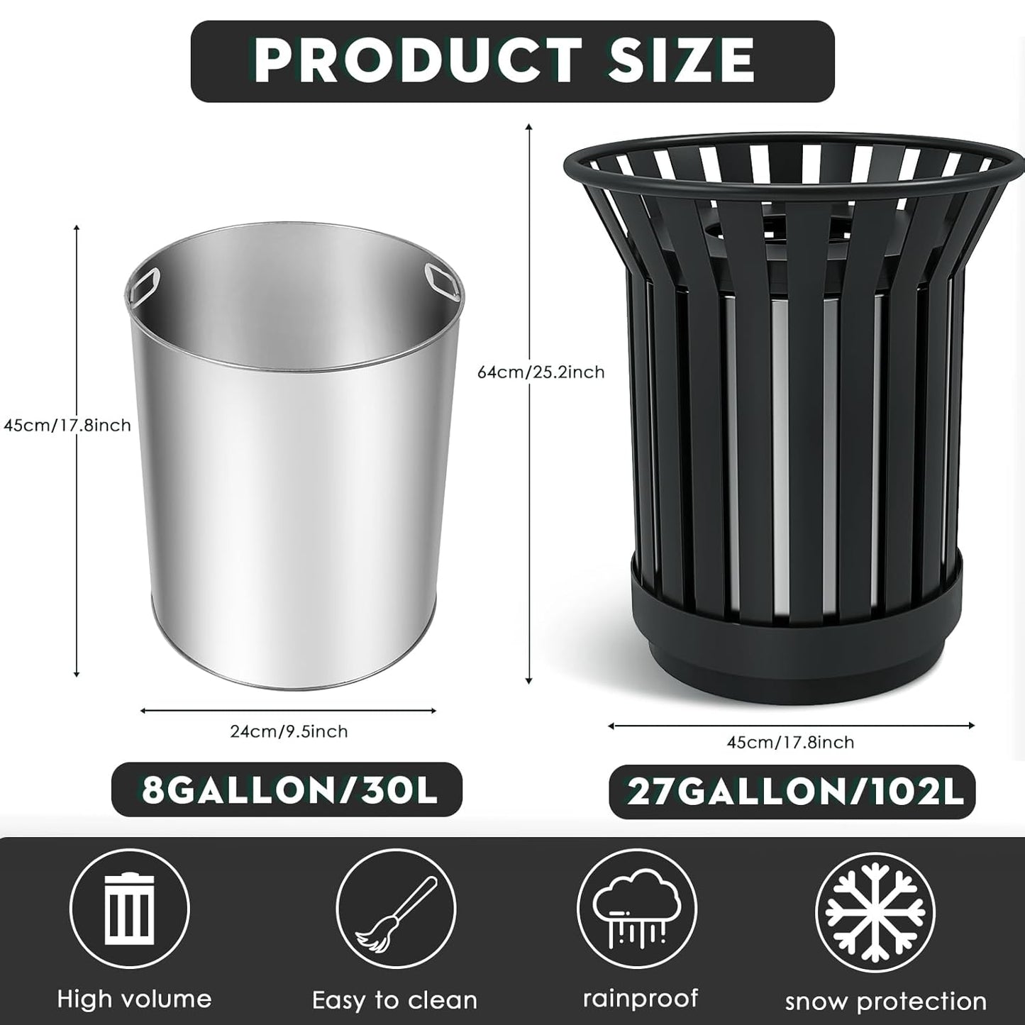 25.2IN Large Round Large Outdoor Trash Can, Heavy Duty Metal Slatted Garbage Can Outdoor, All Weather Resistant Commercial Garbage Cans, Waste Receptacle in Park, School, Beach, Patio Black