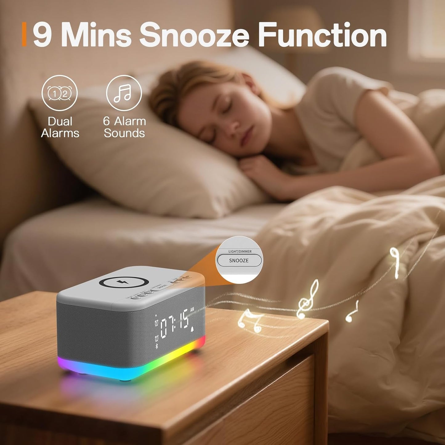 Alarm Clock Speaker Wireless Charger, Digital Alarm Clocks Bedrooms Bluetooth, Alarm Clock Dimmable Light Bedrooms Bluetooth Speaker Dual Alarm Snooze 12/24H Dimmer Support USB AUX, Grey