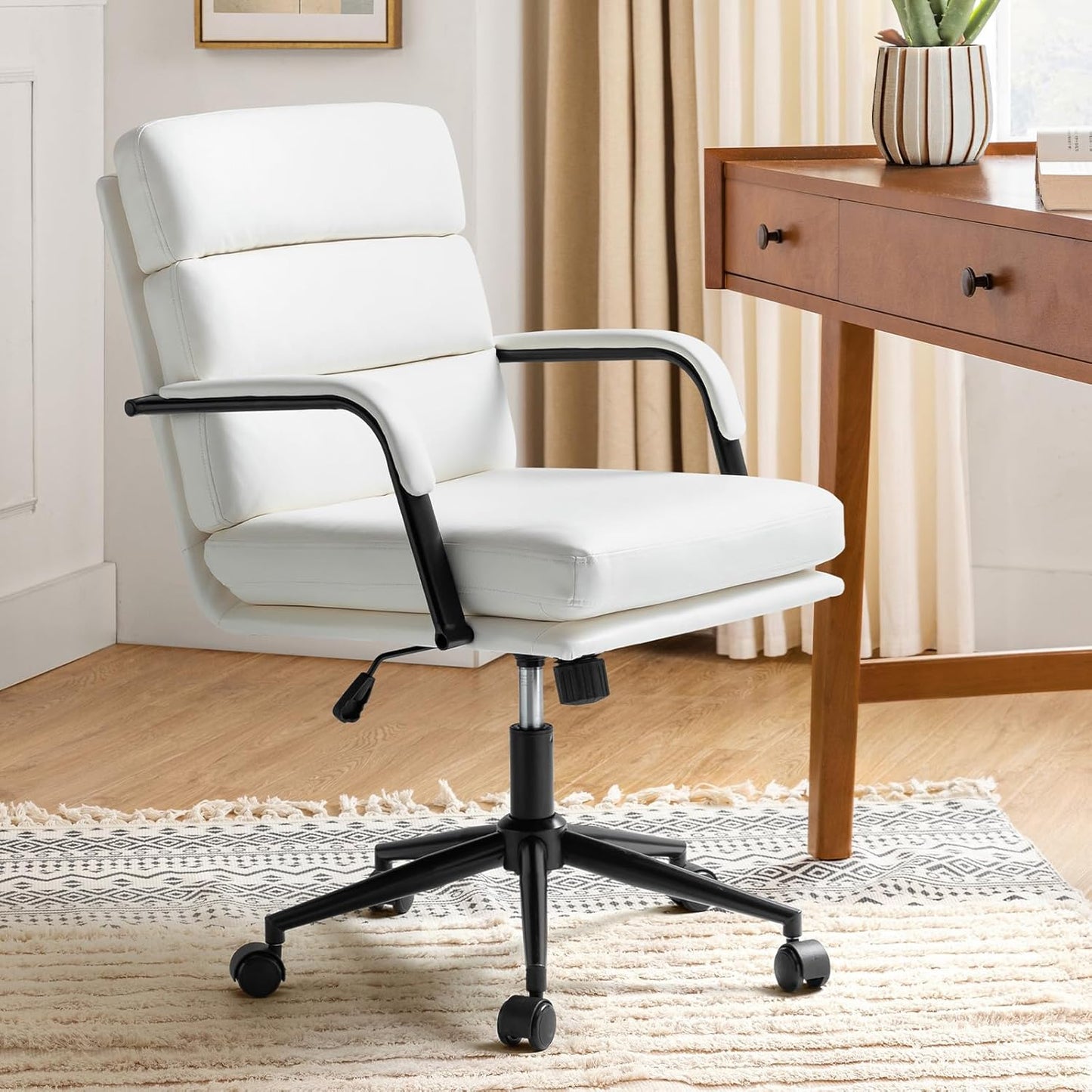 HULALA HOME Modern Faux Leather Home Office Chair with Tilt Lock & Metal Base, Desk Chair with Wheels & Padded Cushion, 360° Swivel Wide Seat Computer Task Chair, White