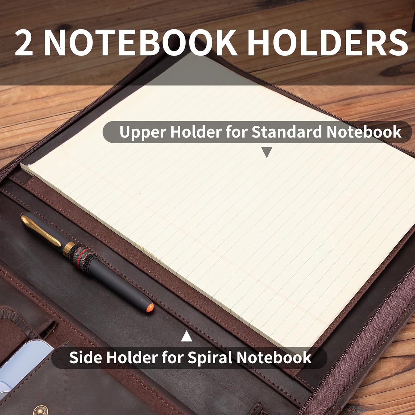 Genuine Leather Portfolio with Front Pocket for Men and Women, Zippered Padfolio Binder 8.5 x 11 Legal Pad Notebook Holder, Fits 13” Laptop, Professional Work File Case, Dark Brown