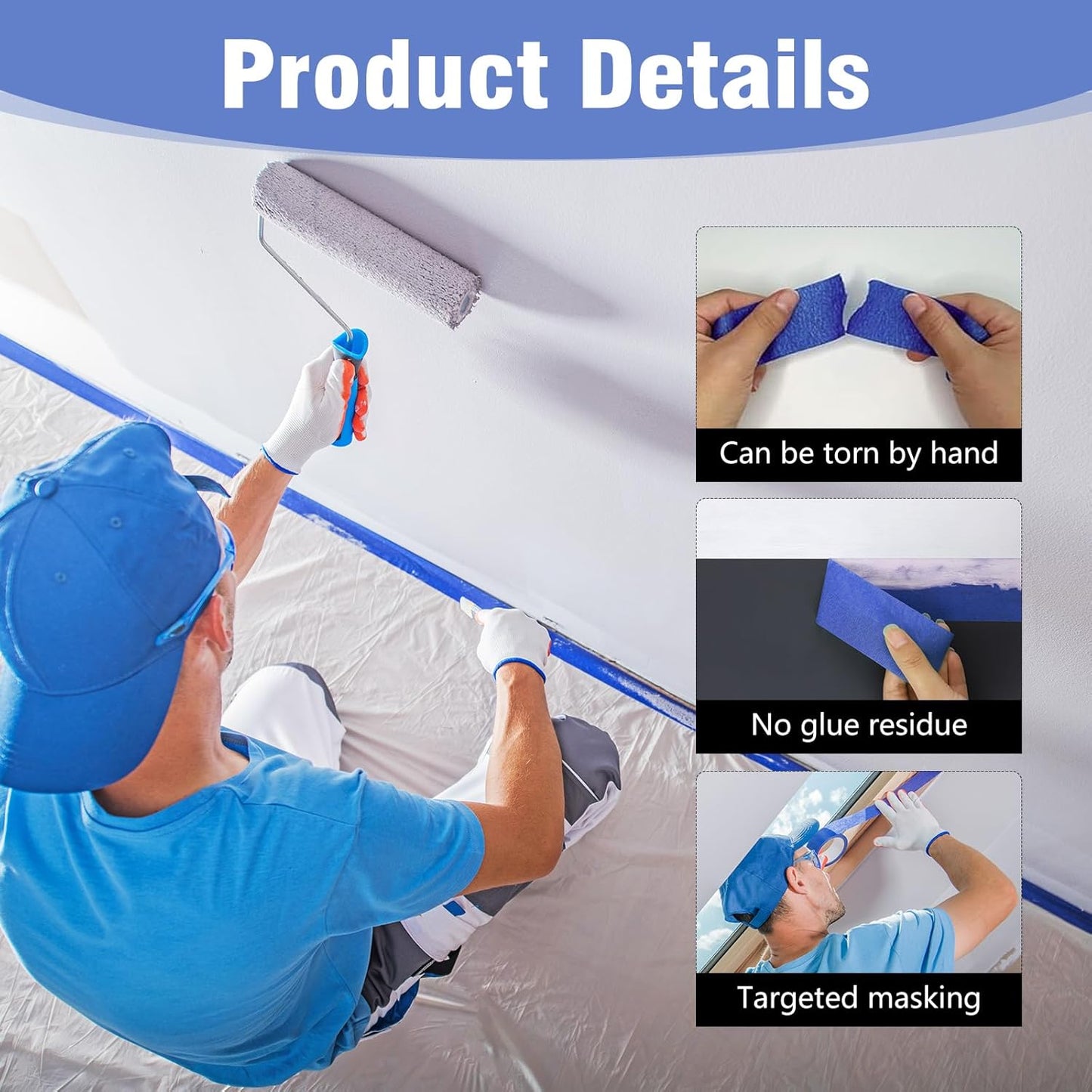 2 Roll Painters Tape 1.89In × 55Yard Blue Painters Tape Bulk Multi-Surface Blue Masking Tape for Wall Painting Edge Treatment DIY Crafts