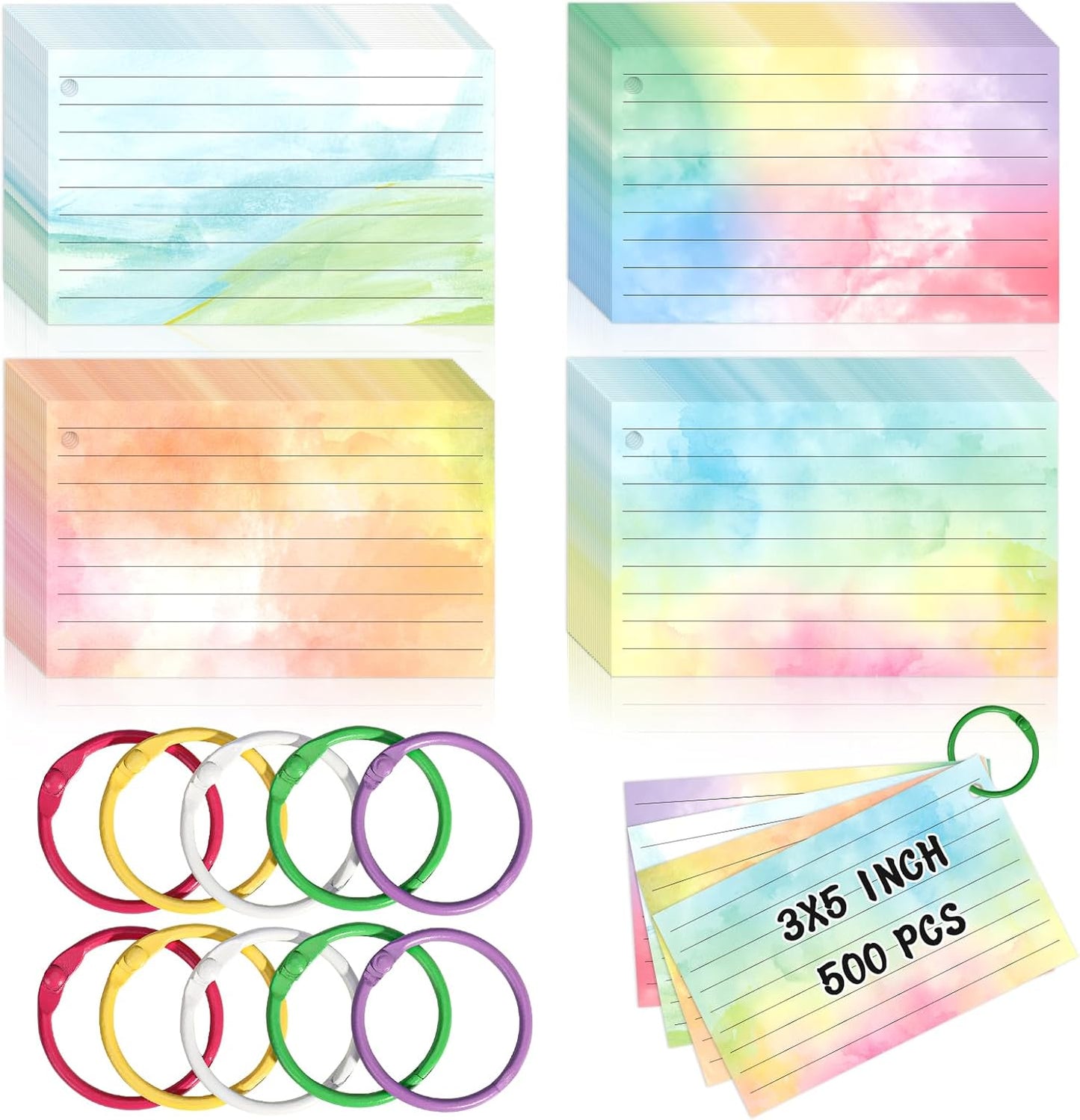 500 PCS Colored Index Cards with Hole Lined Flash Cards with Binder Rings Watercolor Notecards with Rings 3x5 Study Cards Flashcards for Home School Office Supplies