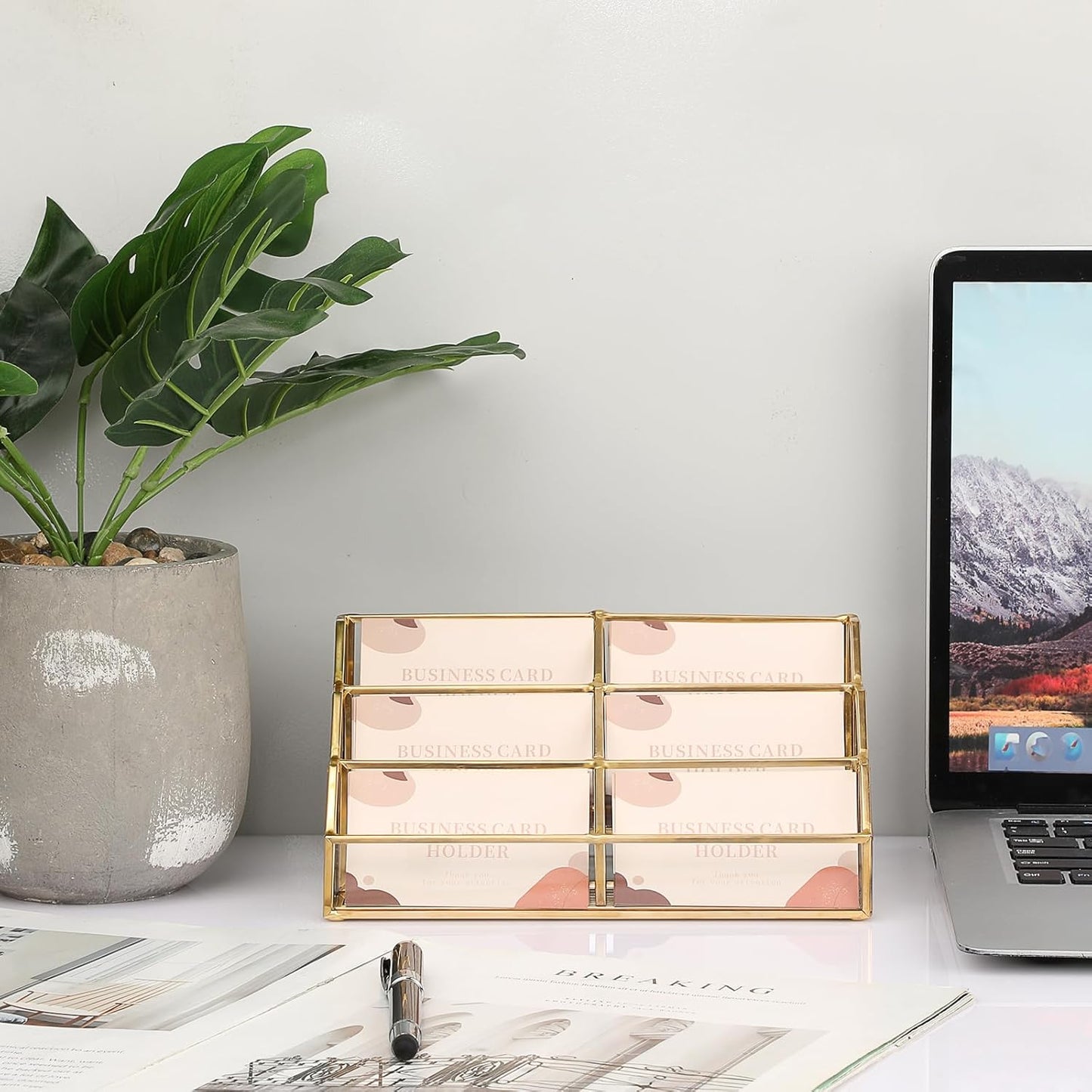 Hipiwe Gold Metal Desk Business Card Holder Glass Name Card Display Organizer 3 Tiers 6 Slot Business Card Stand for Exhibition Office Desktop